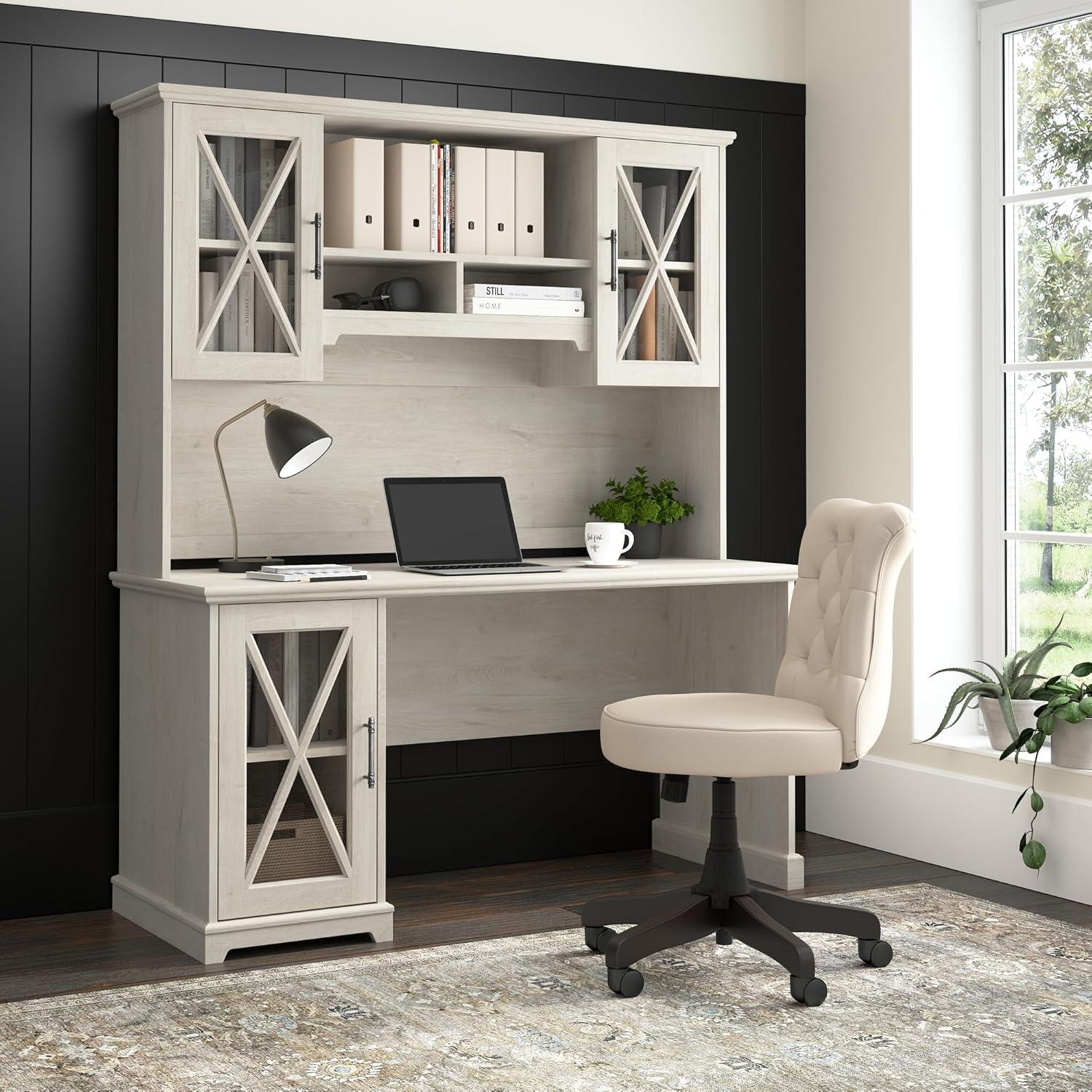 Linen White Oak Farmhouse Desk with Hutch and Storage Cabinet