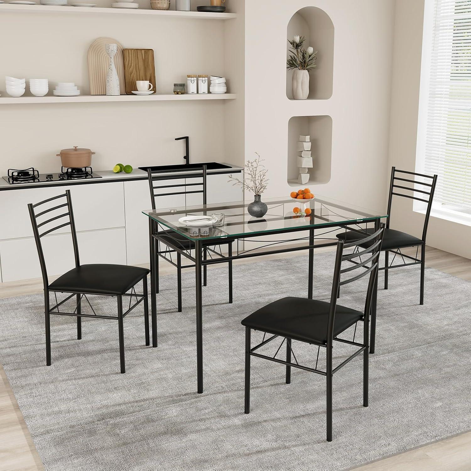 Modern Black Metal and Glass 5-Piece Dining Set