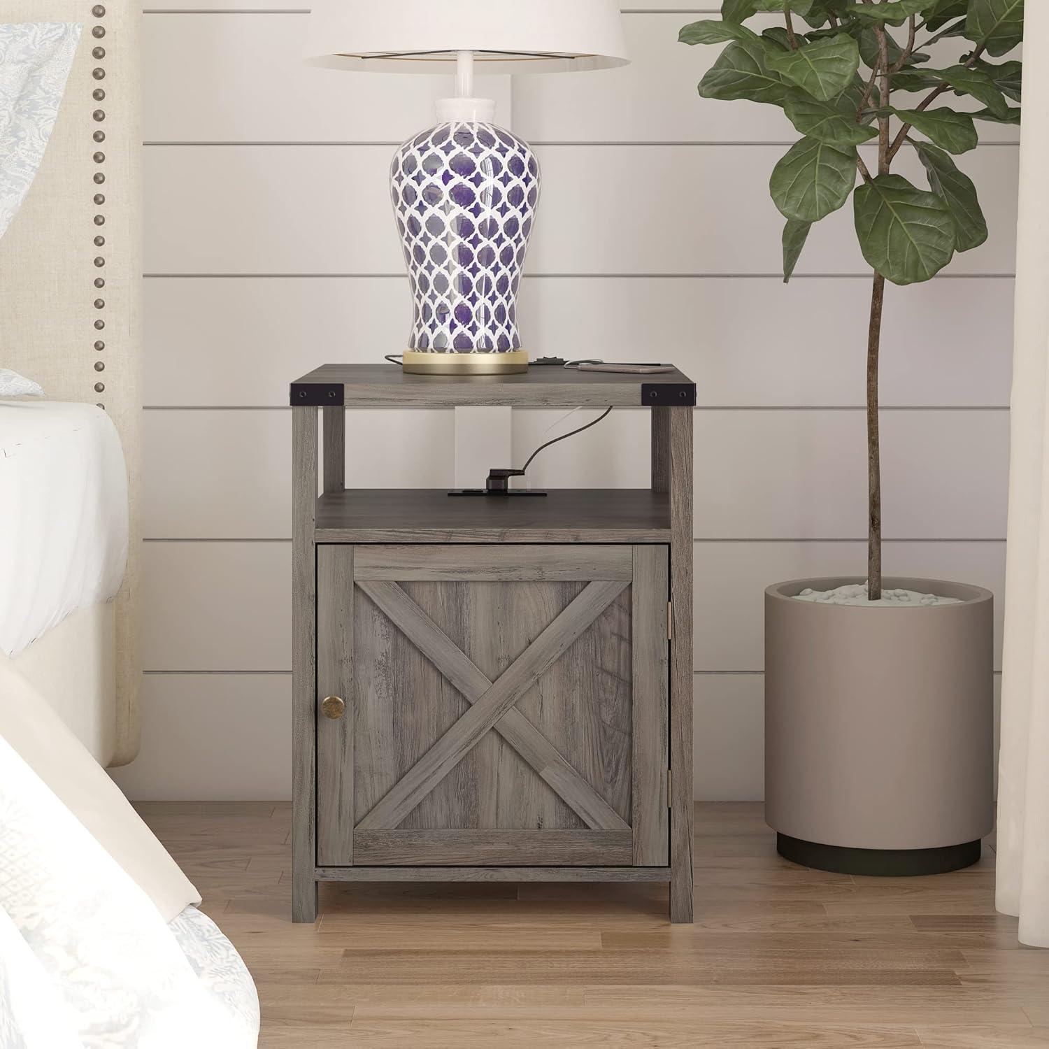 Gray Farmhouse Nightstand with Charging Station and Storage