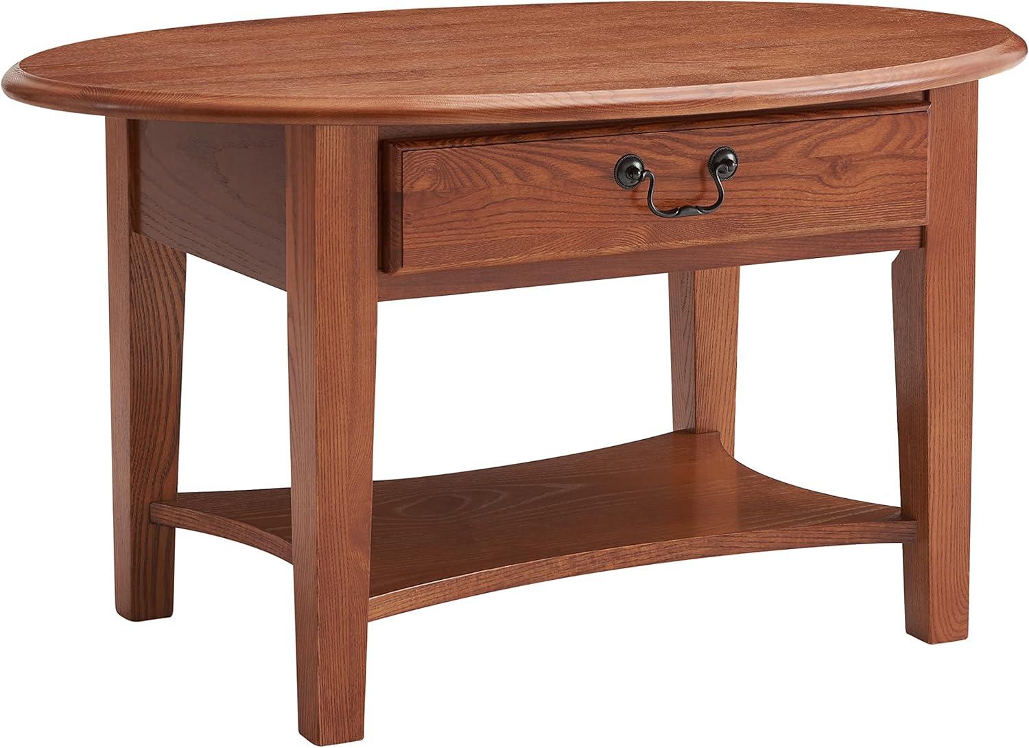 Medium Oak Oval Wood Coffee Table with Storage Drawer