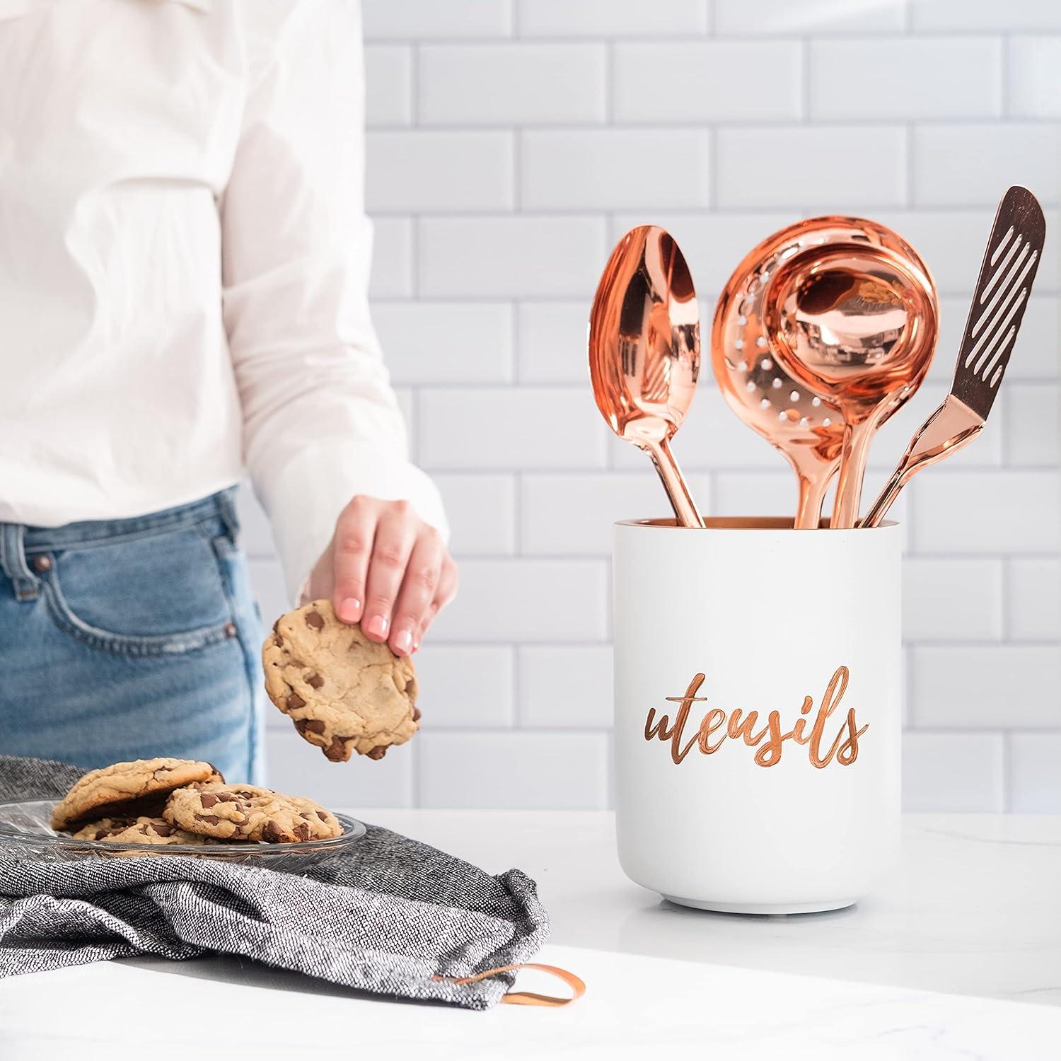 STYLED SETTINGS White Ceramic Utensil Holder with Interior Copper Finish - Large and Sturdy Spatula Holder - Rose Gold Kitchen Accessories, Stylish Countertop Utensil Organizer