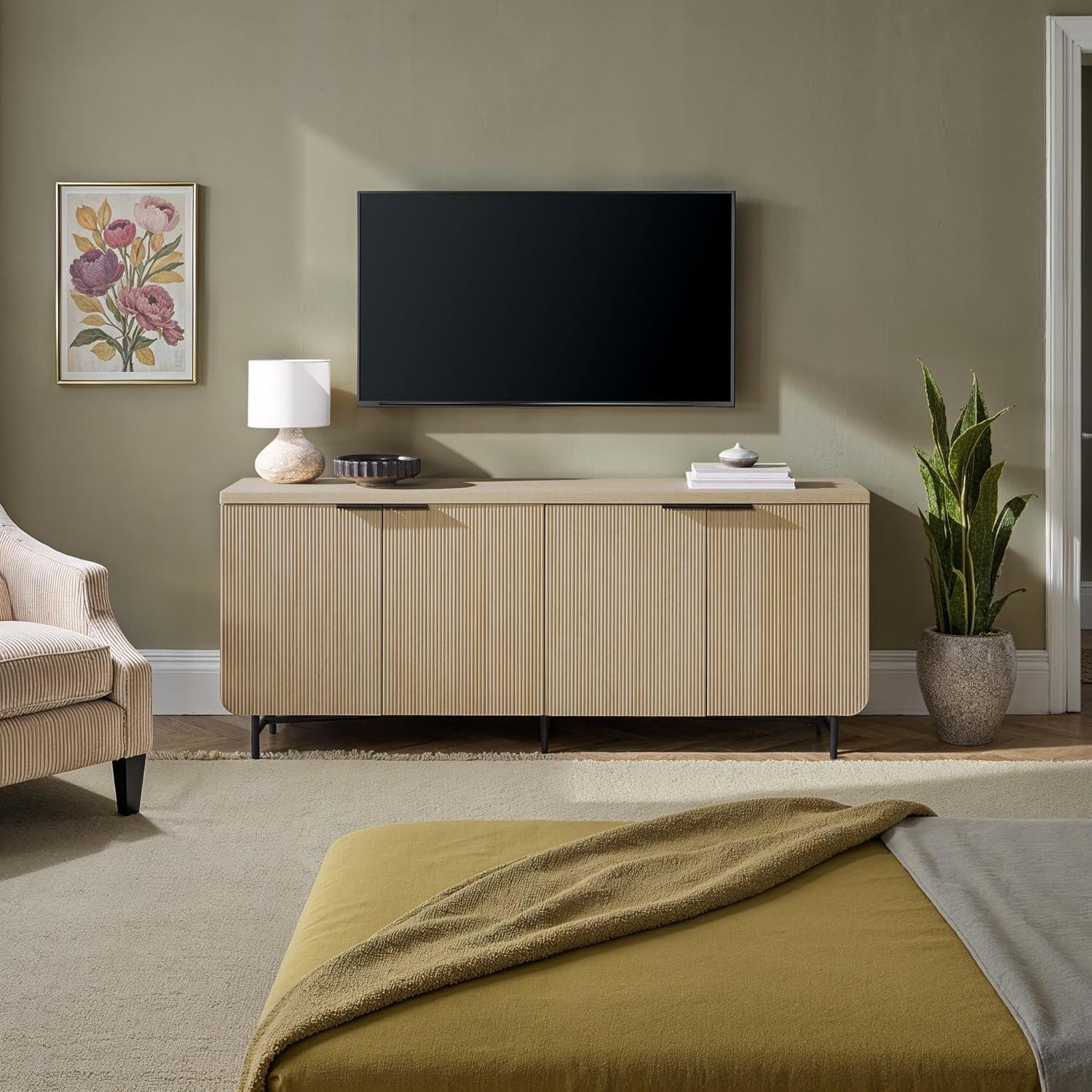 Walker Edison 69” Scandinavian 4-Door Reeded-Front Sideboard, Black & Coastal Oak