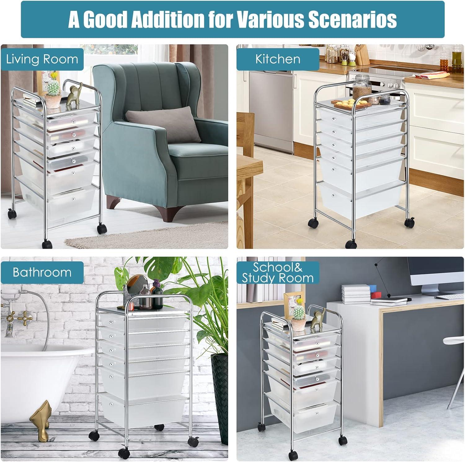 Clear 6-Drawer Rolling Storage Cart with Chrome Frame