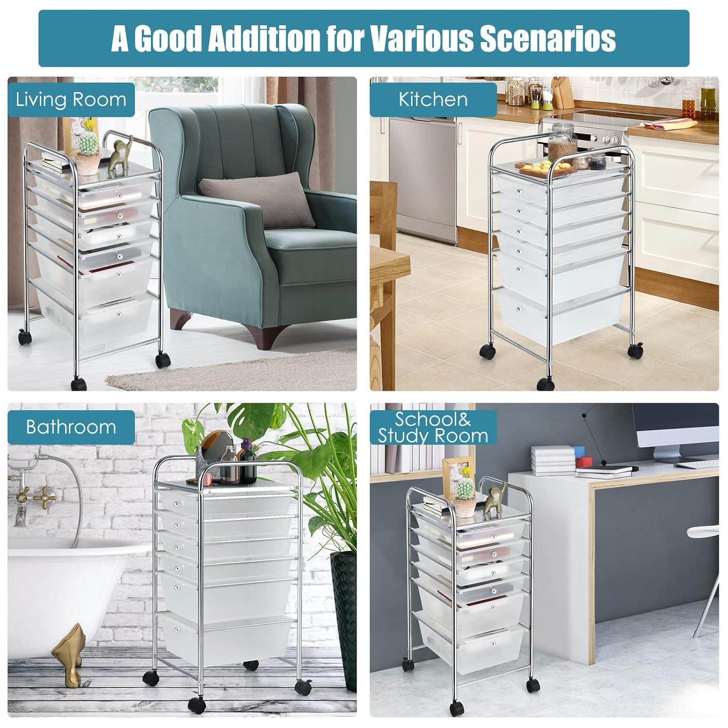 Clear 6-Drawer Rolling Storage Cart with Chrome Frame