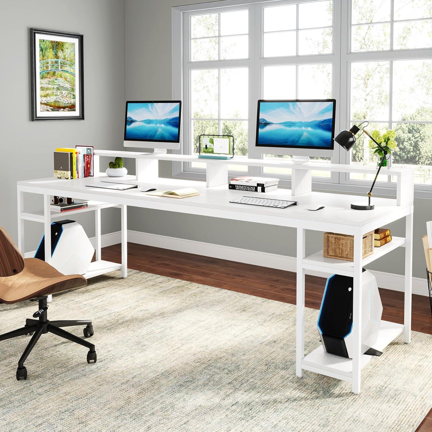 Tribesigns Two Person Desk with Monitor Stand, 78.74" Long Double Computer Office Desk with Storage Shelves, Large Gaming Desk Study Writing Table Workstation for Home Office (White)