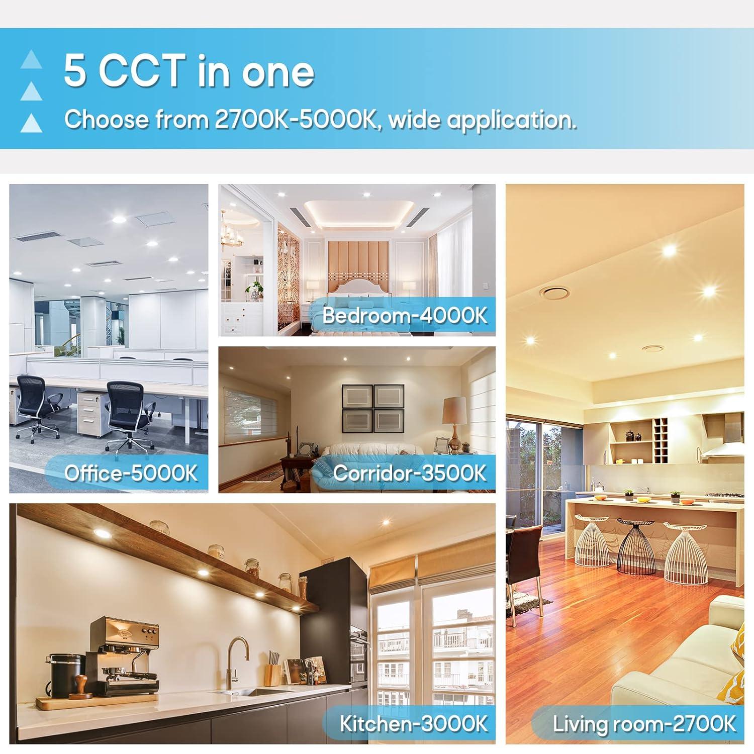 12 Pack 6 Inch 5CCT Ultra-Thin LED Recessed Ceiling Light with Junction Box, 2700K/3000K/3500K/4000K/5000K Selectable, 1050LM Brightness, Dimmable Canless Wafer Downlight, 12WEqv110W-ETL&FCC