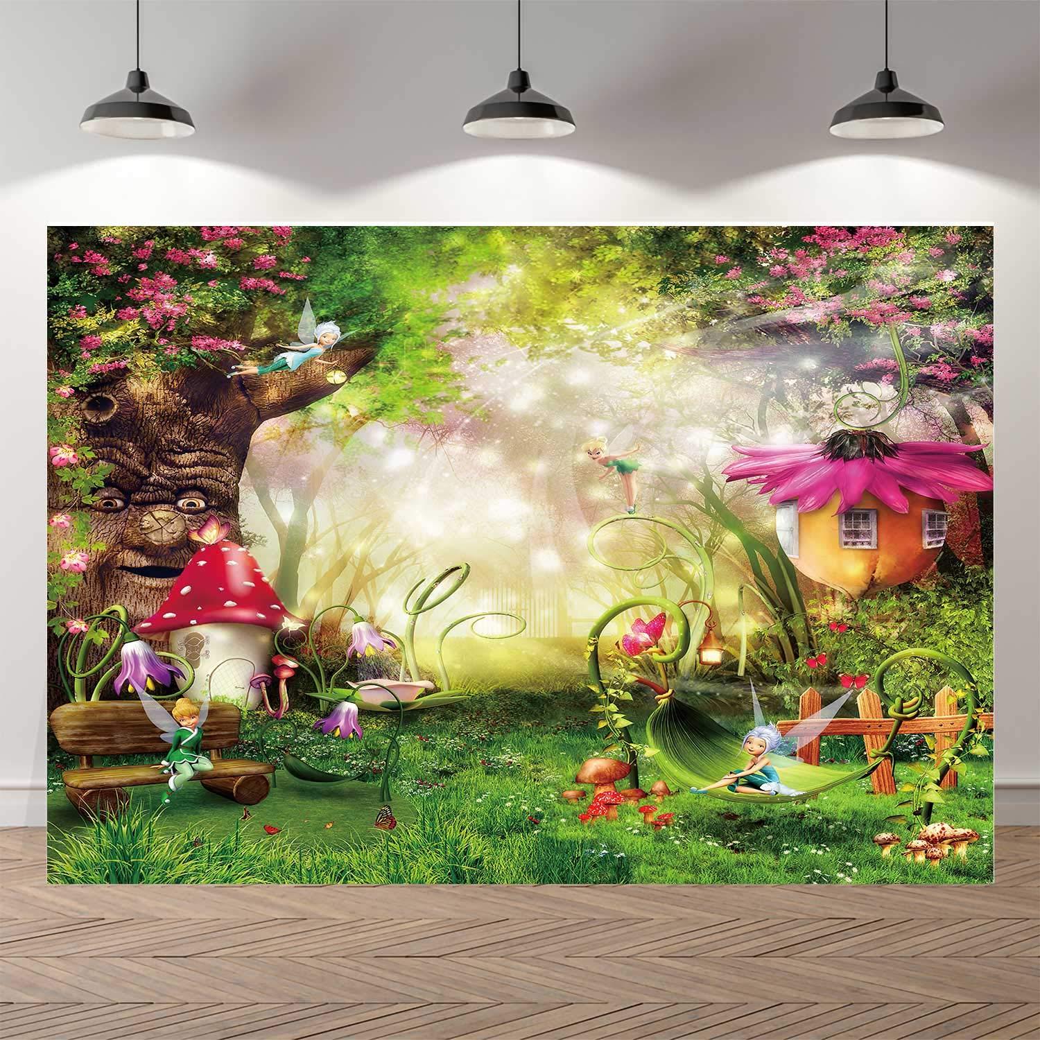 7x5ft Enchanted Forest Photo Background Fairy Tale Magic Big Tree Mushroom Princess Girl Birthday Party Decorations Banner Backdrops for Photography P3520W-B