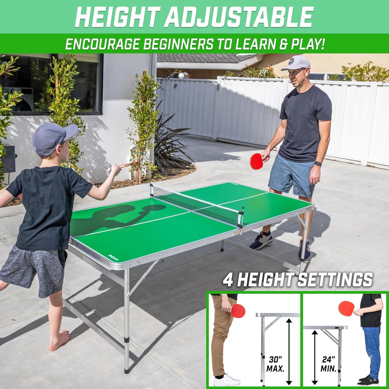 GoSports 6 x 3 ft Mid-Size Table Tennis Table Set with Adjustable Height - Green