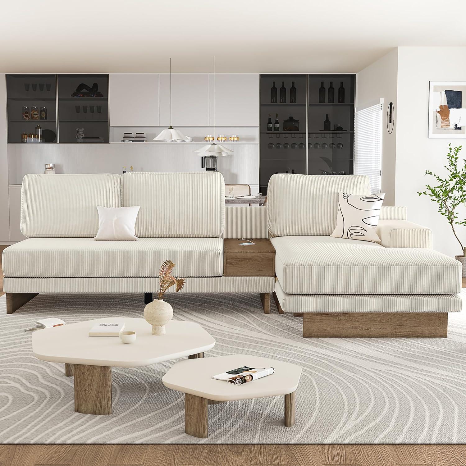 Beige Corduroy L-Shaped Sectional Sofa with Storage and USB Ports