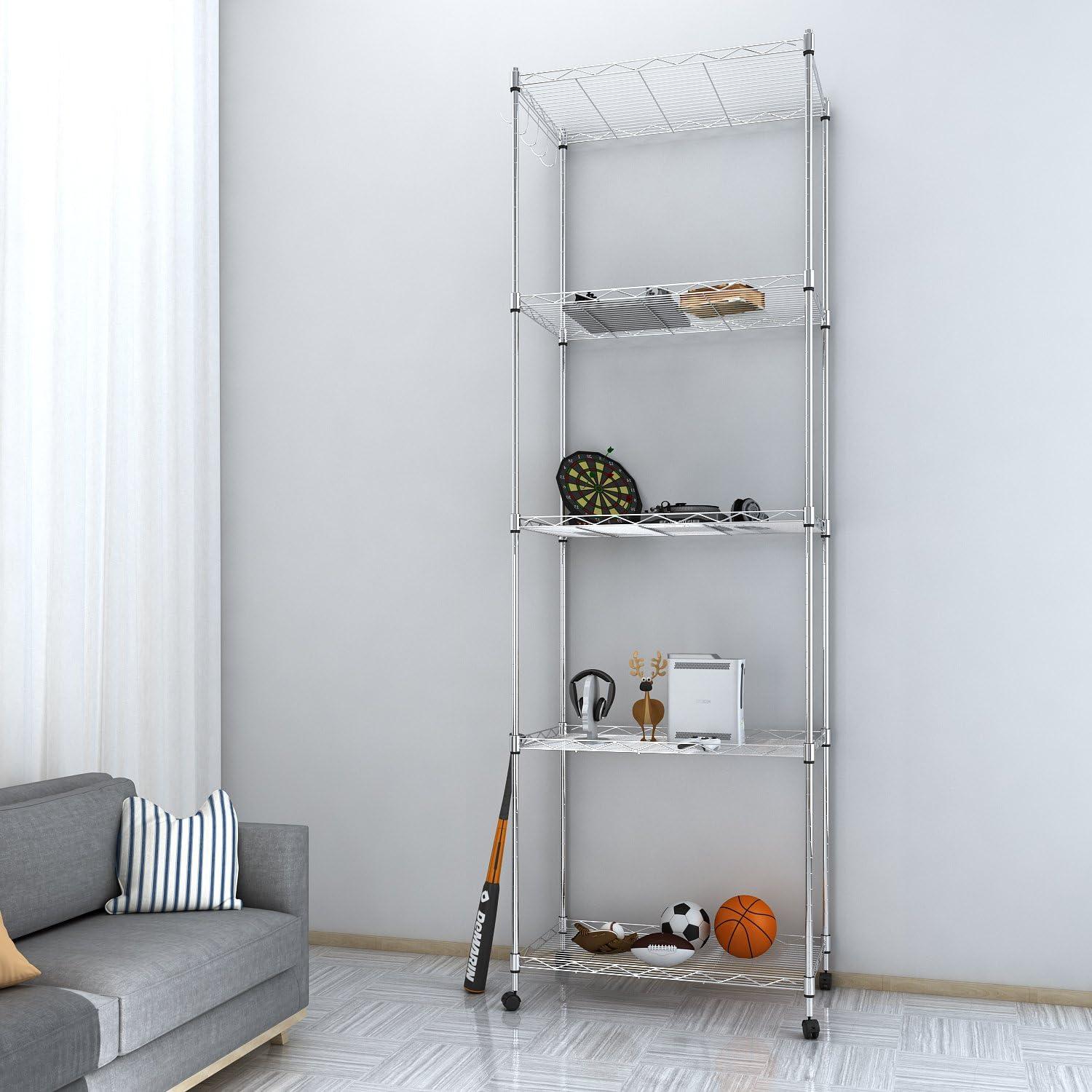 Chrome 5-Tier Adjustable Wire Shelving Unit with Wheels