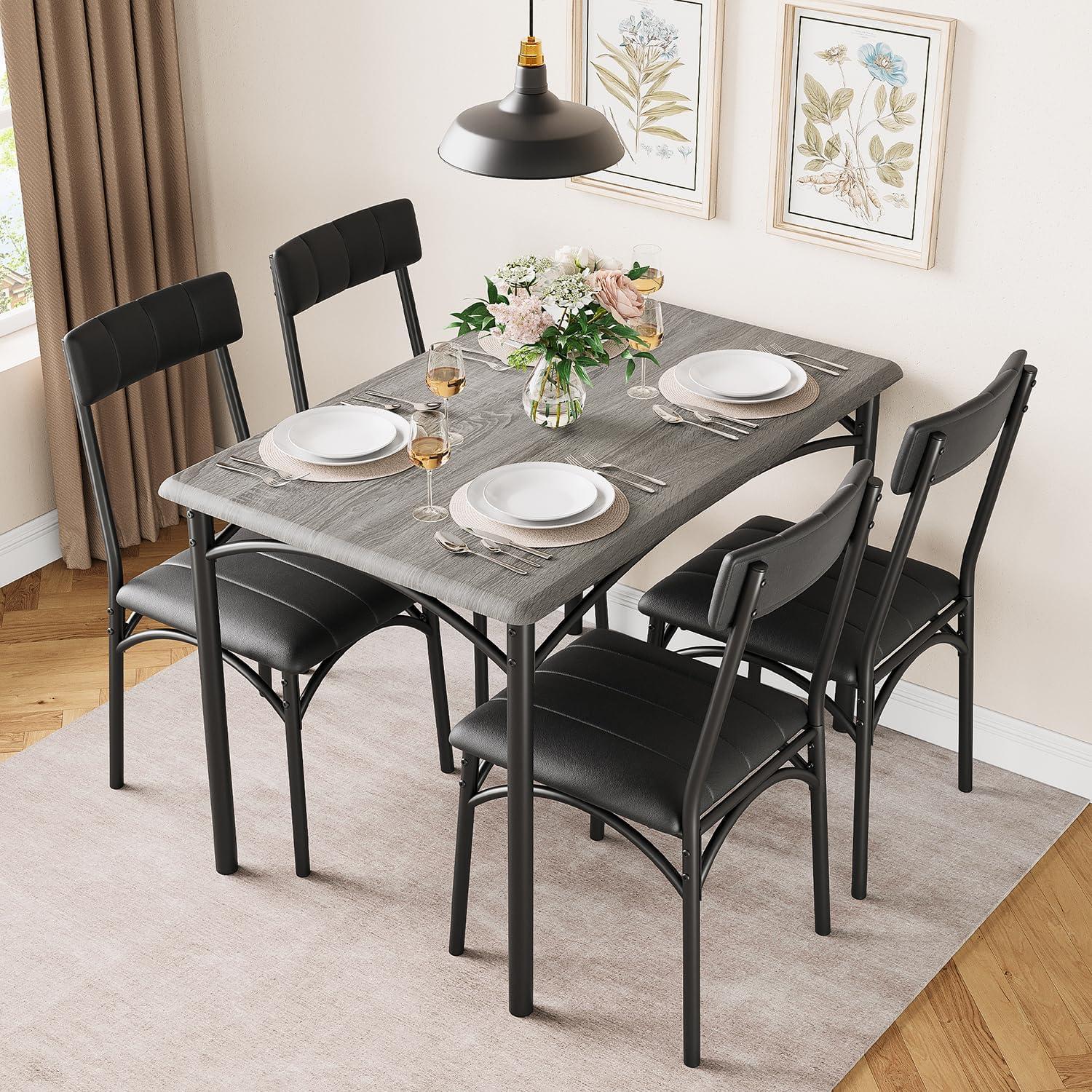 Dining Table Set for 4, Kitchen Table and Chairs, Metal and Wood Rectangular Dining Room Table Set with 4 Upholstered Chairs, 5 Piece Dining Set for Small Space, Apartment, Grey