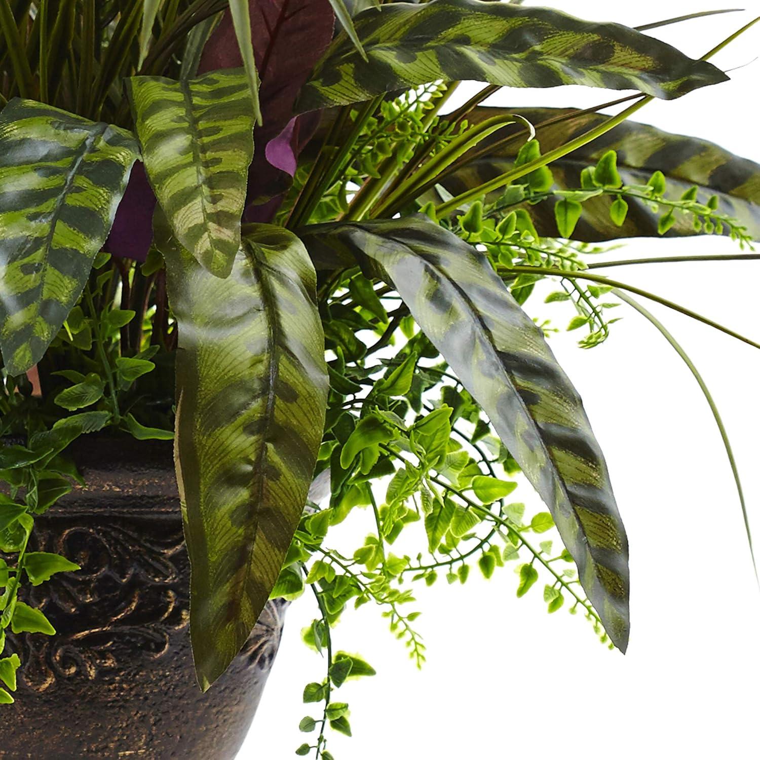 Nearly Natural 27" Plastic/Polyester Mixed Areca Palm, Fern & Peacock Artificial Plant with Planter, Green