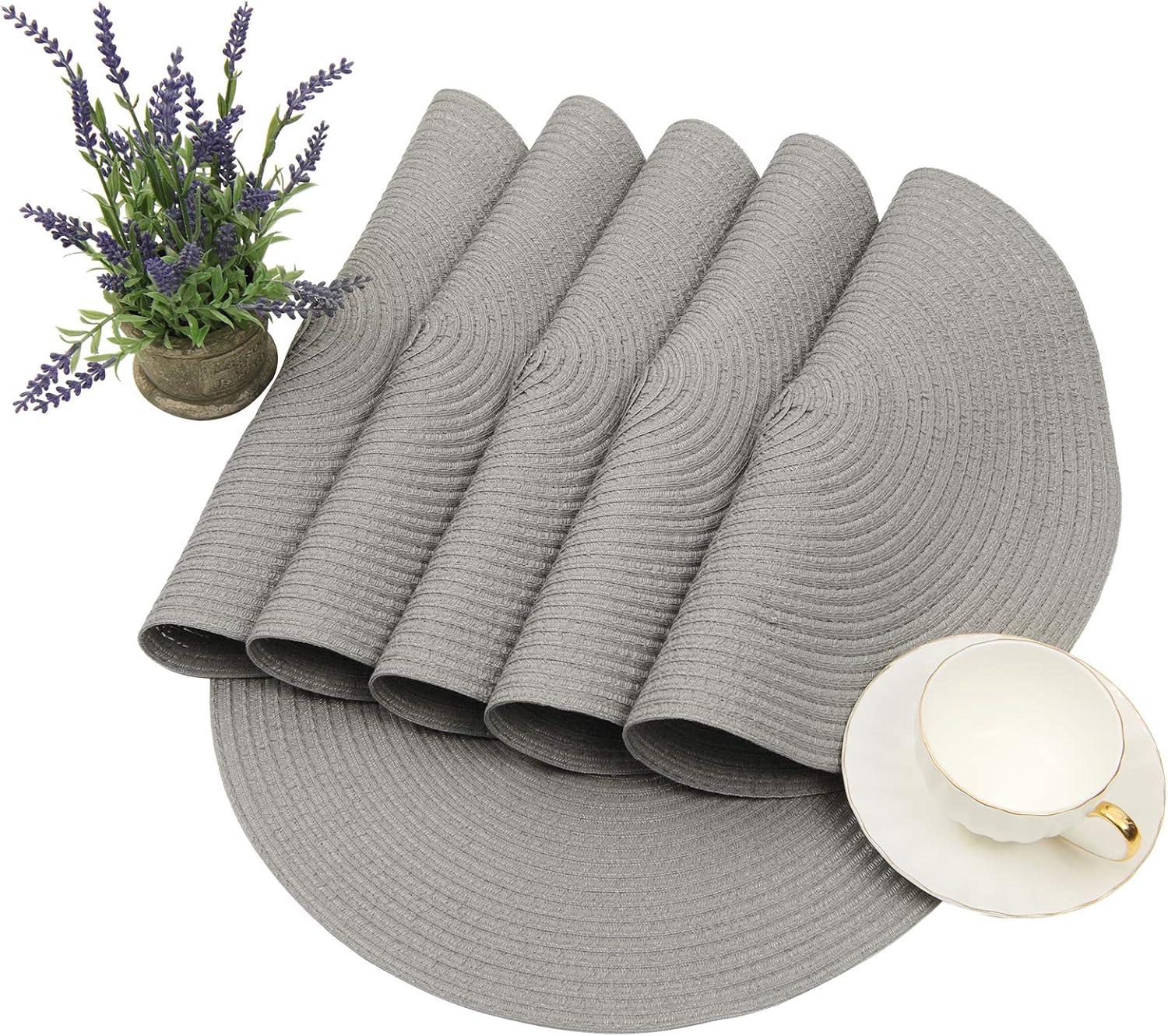 Light Gray Round Fabric Braided Placemats Set of 6