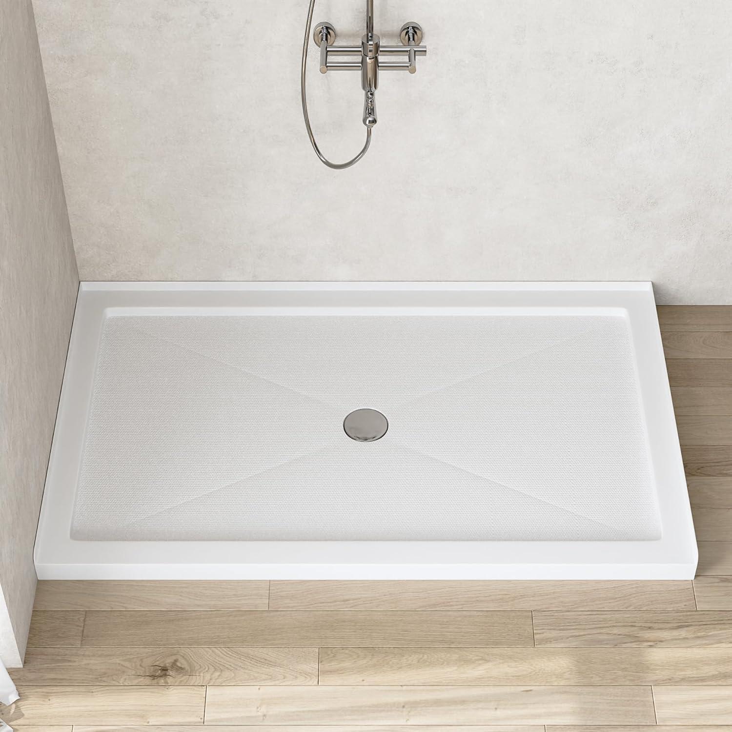 60''W Shower Base in White with Single Threshold Shower Pan, Non-slip Design