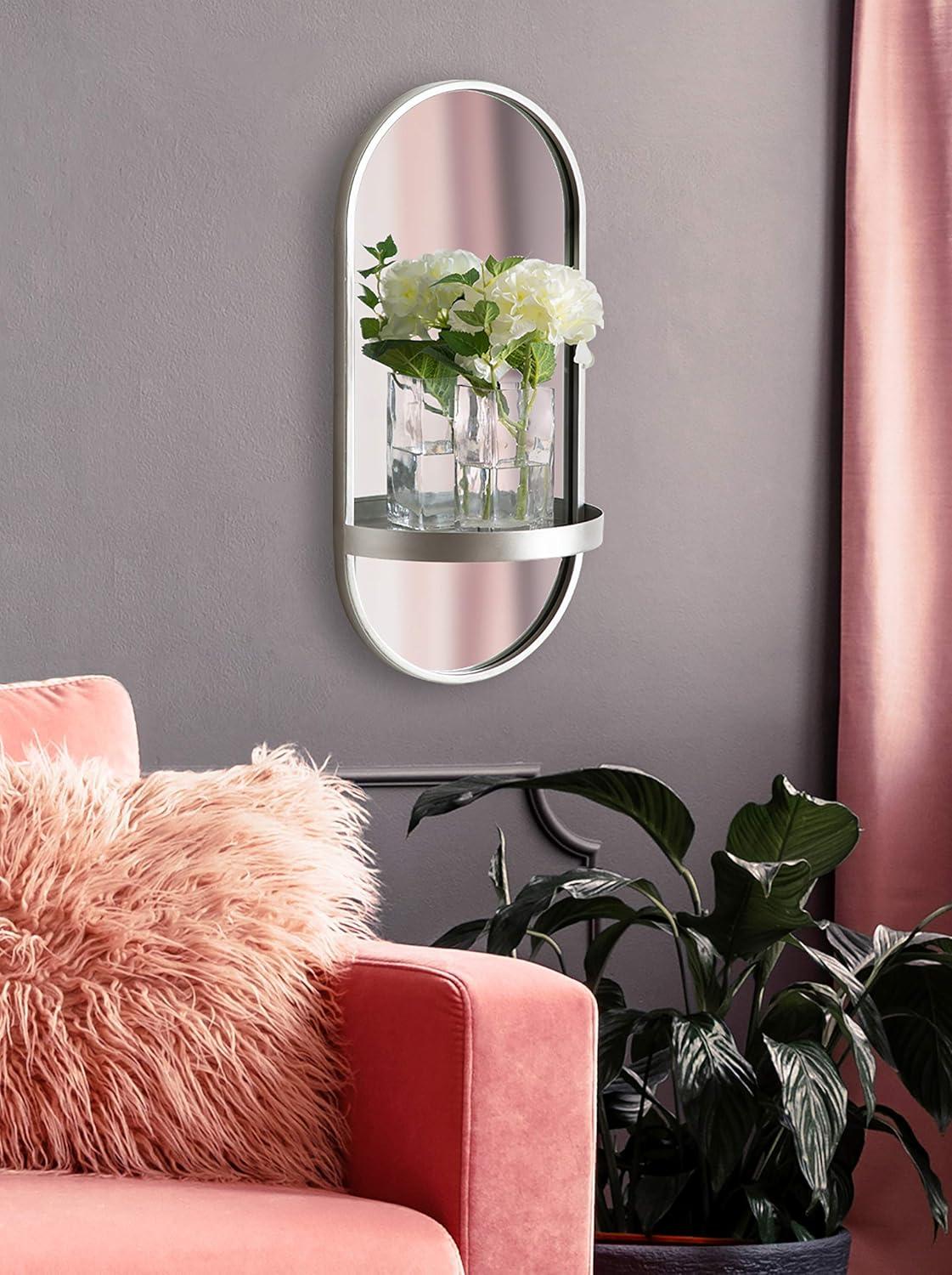 Estero 24"x11" Silver Metal Oval Wall Mirror with Functional Shelf