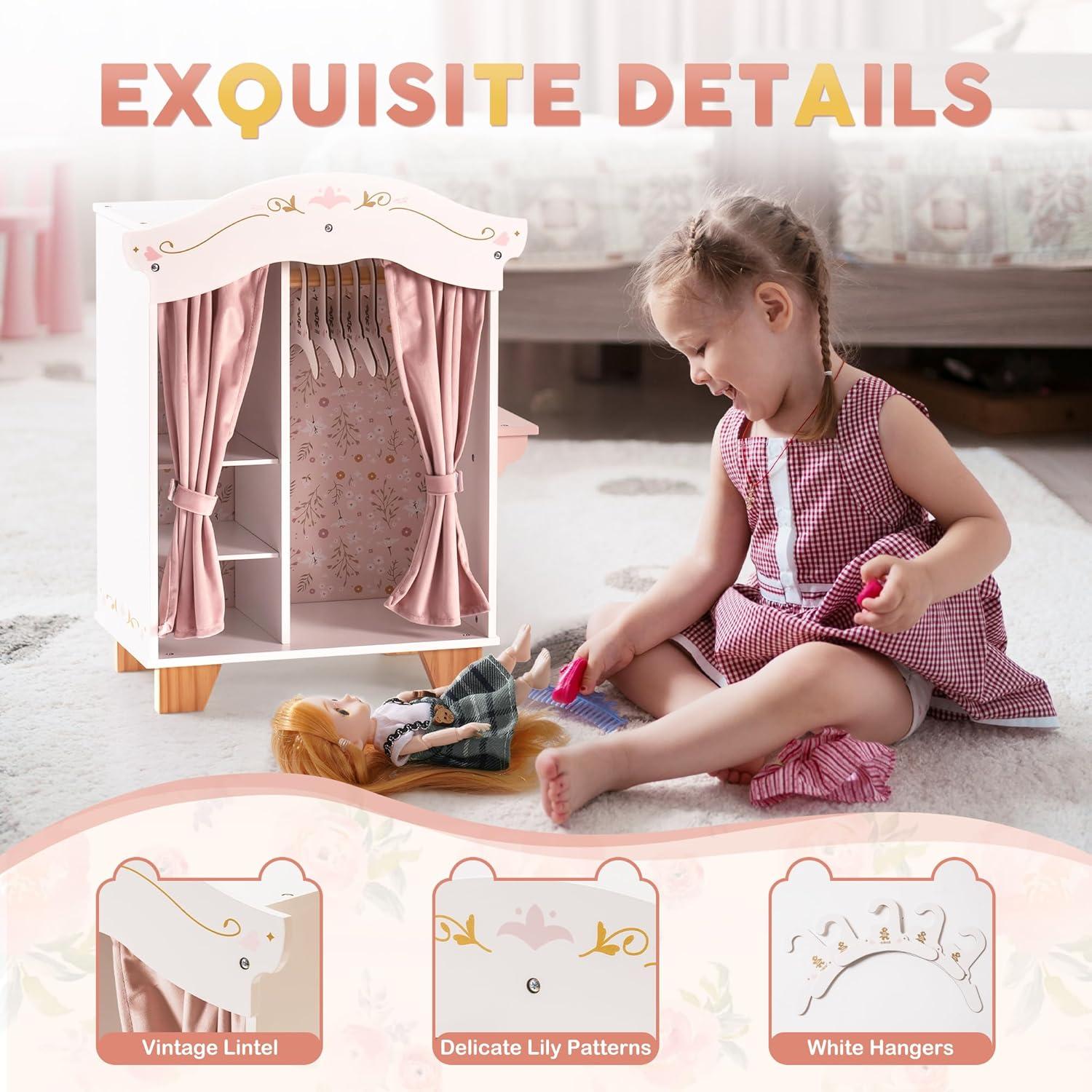 ROBOTIME 18in Doll Closet, Wooden Doll Closet Wardrobe, Pink Doll Wardrobe Closet Fits 16-18in American Girl, Gift for Boys & Girls