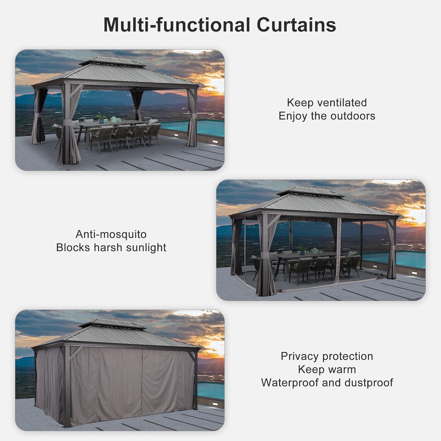 Grey 12' x 16' Hardtop Gazebo with Lights and Curtains