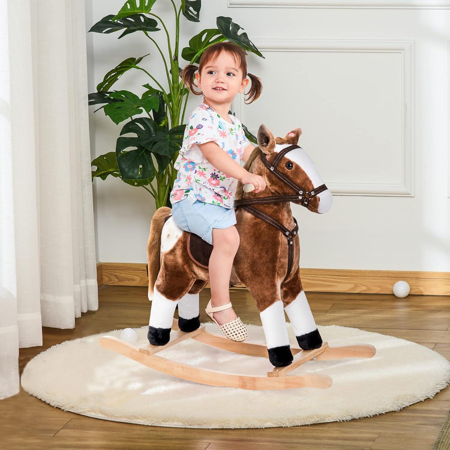 Qaba Kids Plush Toy Rocking Horse Ride on with Realistic Sounds -  Brown