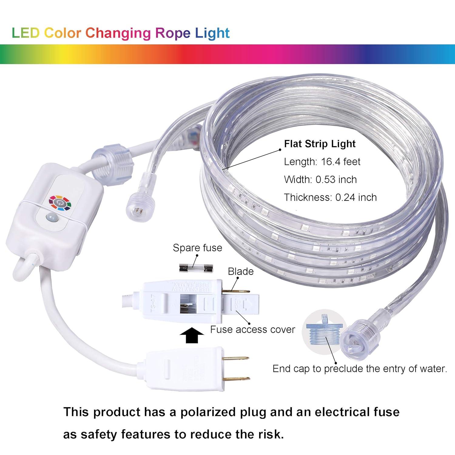 Led Strip Lights 16.4 Feet Outdoor Led Lights Waterproof 300 LEDs Flexible Led Light Strips Color Changing Music Sync RGB Rope Light with Remote Smart Led Lights for Bedroom Home Kitchen