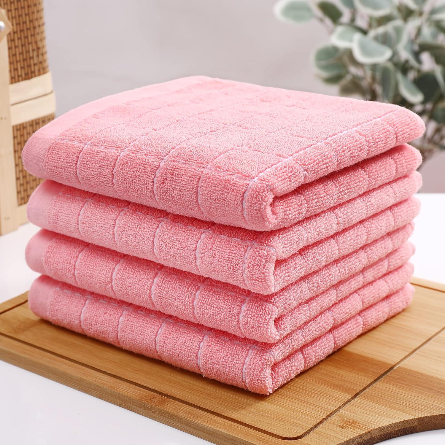 decorUhome 100% Cotton Terry Kitchen Towels(Pink, 13 x 28 inches), Checkered Designed, Soft and Super Absorbent Dish Towels, 4 Pack