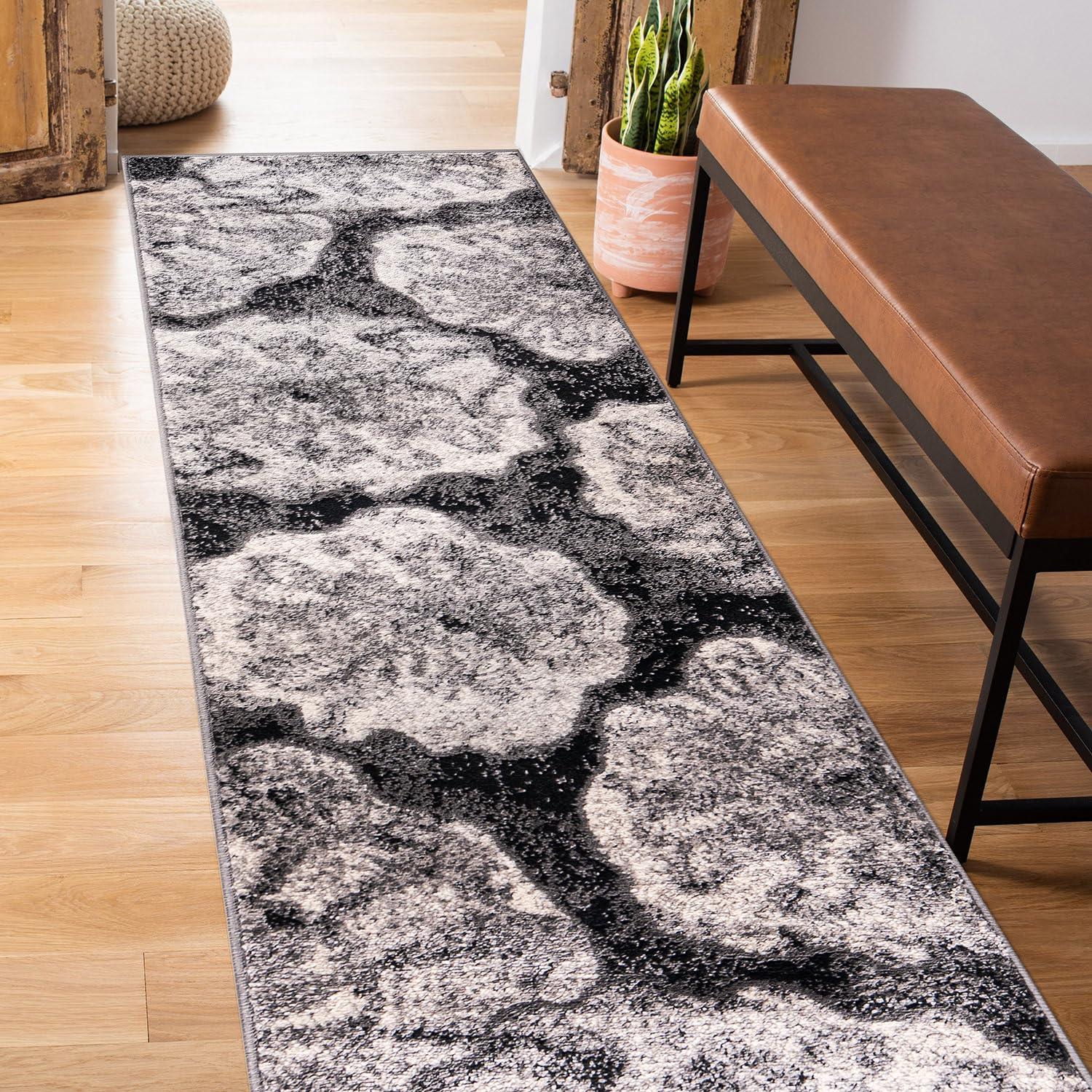 World Rug Gallery Contemporary Floral Design Area Rug - Black 2'x7':  Stain-Resistant,  Low Pile,  Indoor Runner