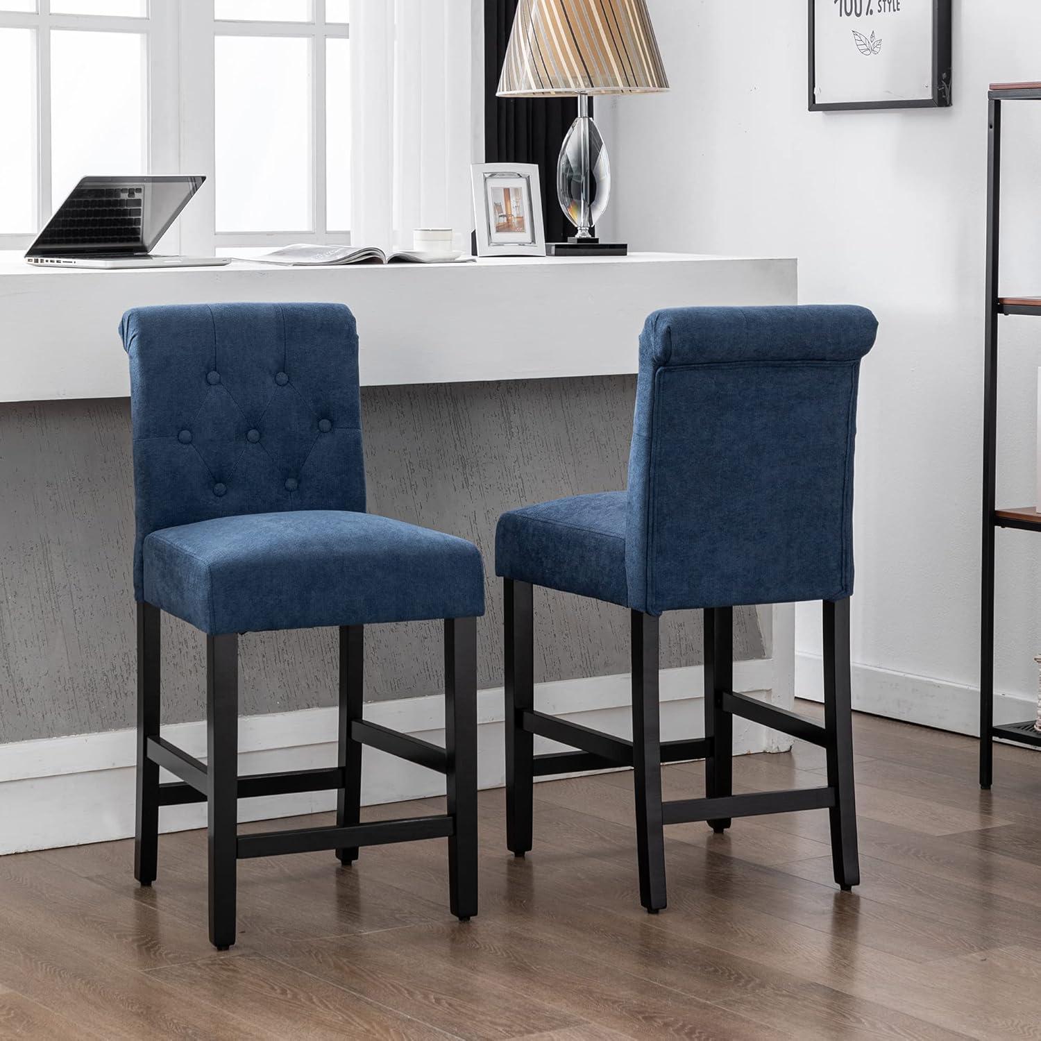 Blue Fabric Upholstered Counter Height Barstool Dining Chairs with Button-Tufted , Set of 2