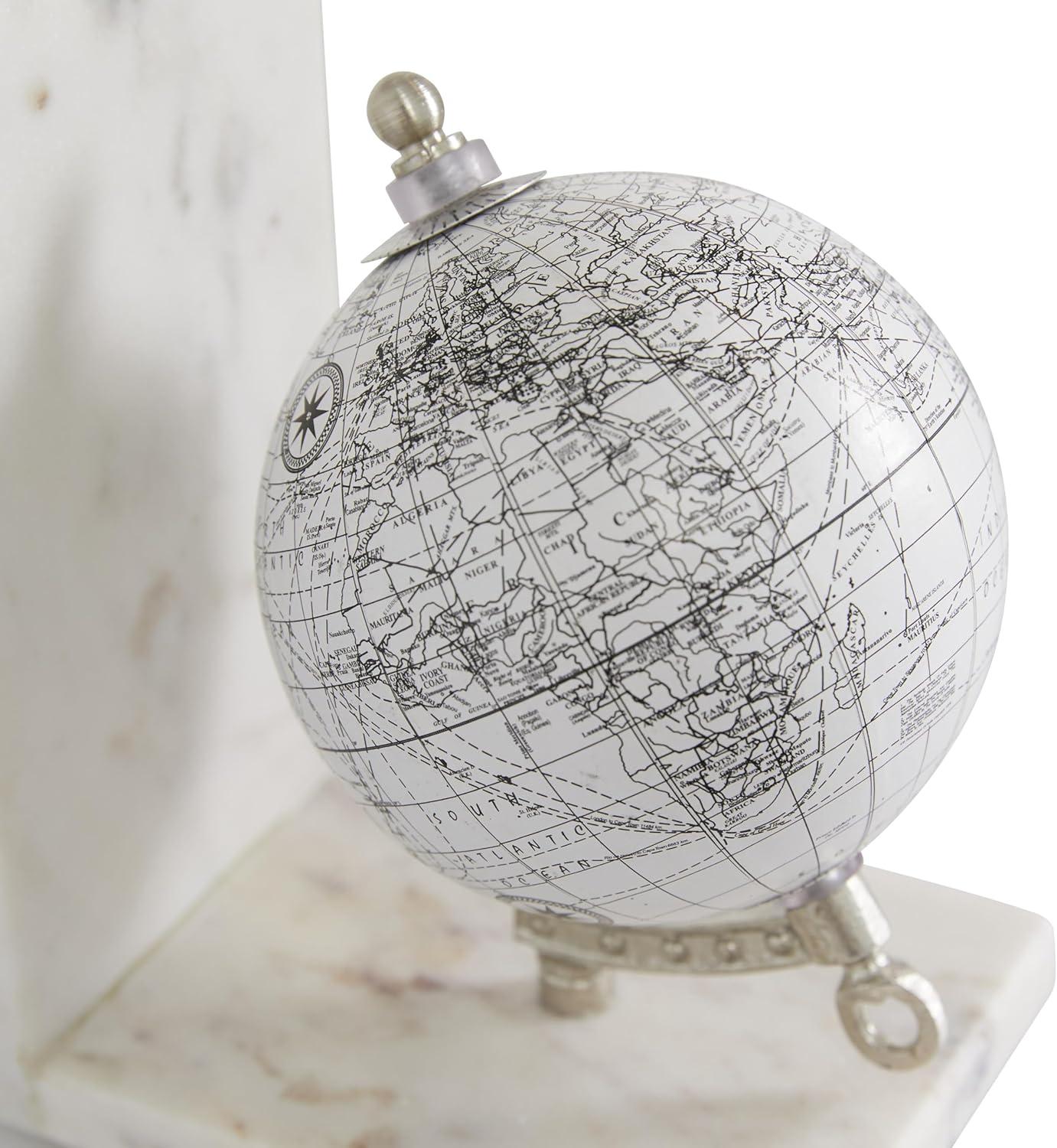 White Marble Globe Bookends with Silver Metal Accents, Set of 2