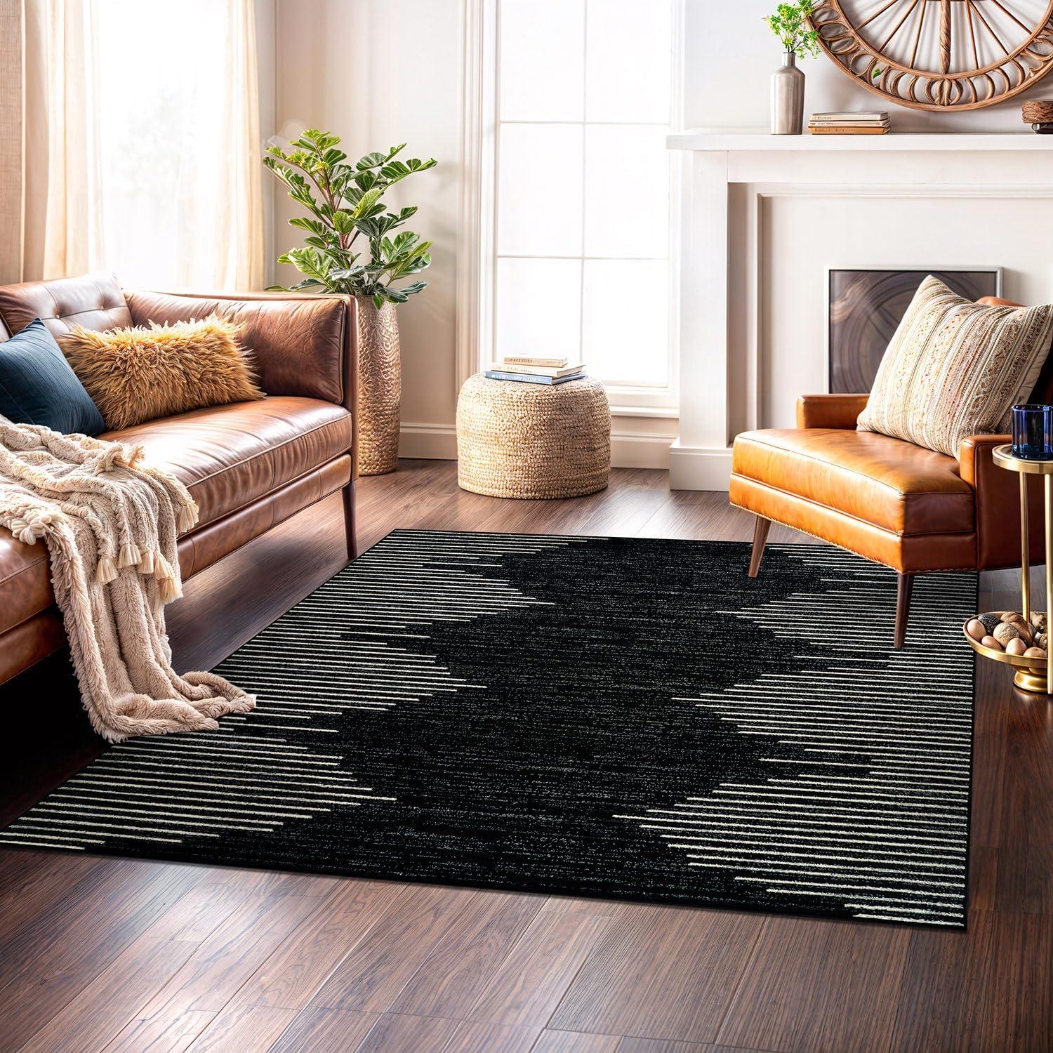 World Rug Gallery Area Rug Bohemian Stripe Jute Rug Carpets for Living Room Rugs for Sale - BLACK 6'6"x6'6"