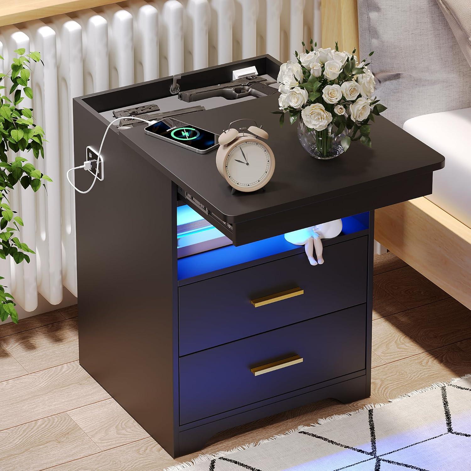 Black MDF 2-Drawer Nightstand with Charging Ports and LED Light