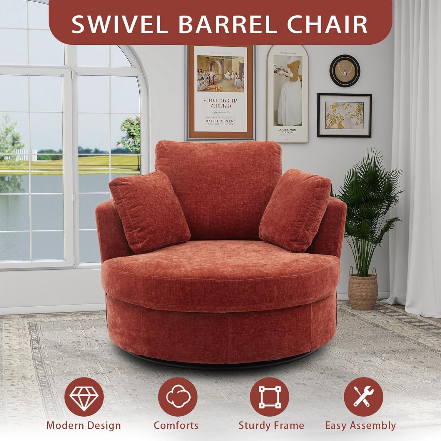 Terracotta Chenille Swivel Barrel Accent Chair with Pillows