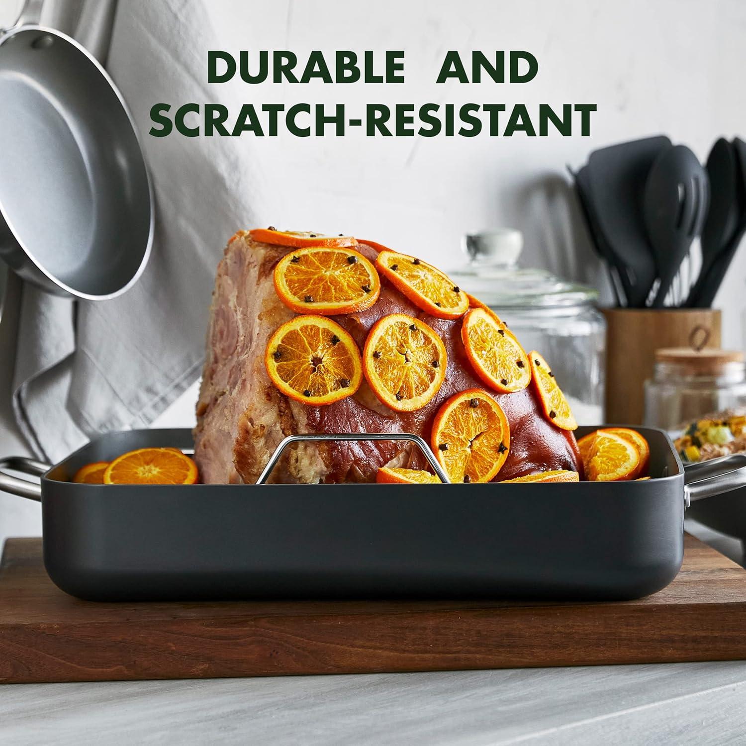 Gray Hard Anodized Nonstick Roasting Pan with Rack and Handles