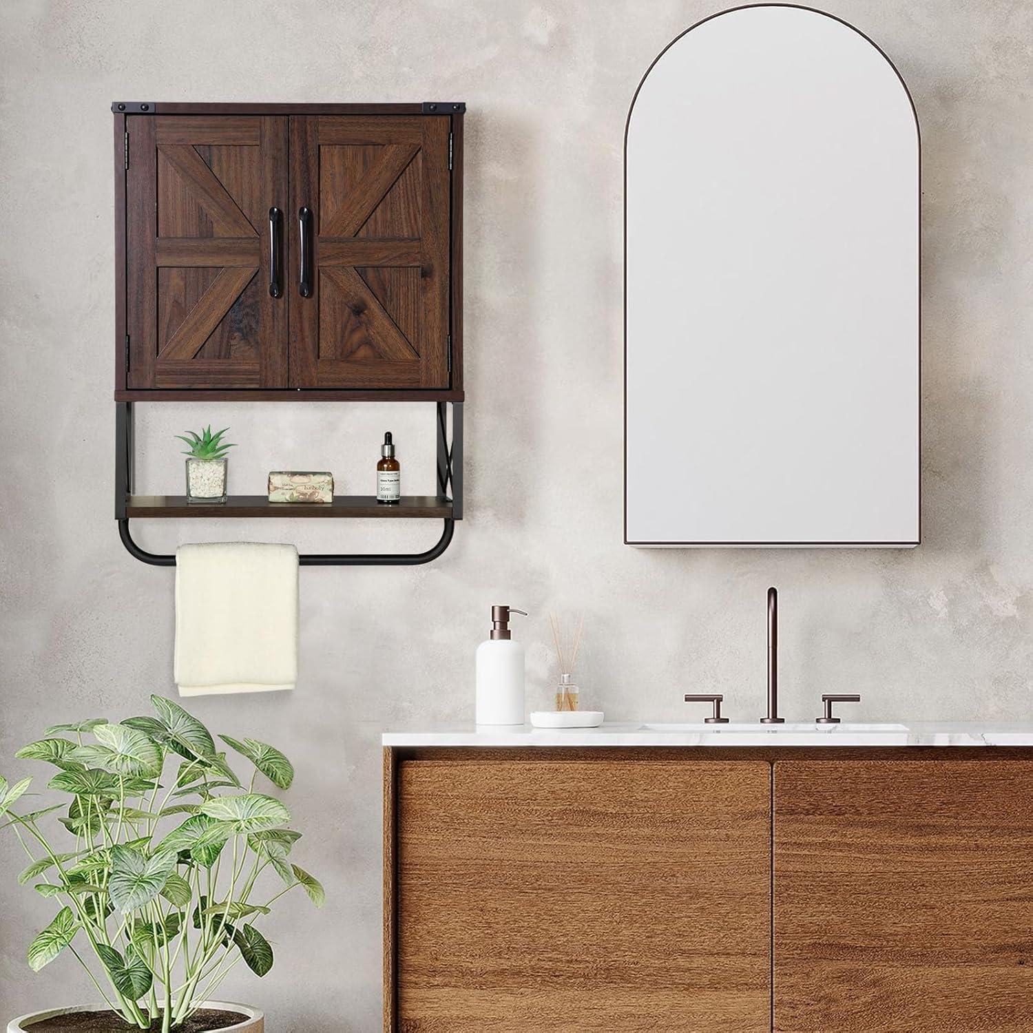 Farmhouse Rustic Medicine Cabinet With Two Barn Door,Wood Wall Mounted Storage Cabinet With Adjustable Shelf And Towel Bar, 3-Tier Cabinet For Bathroom, Living Room