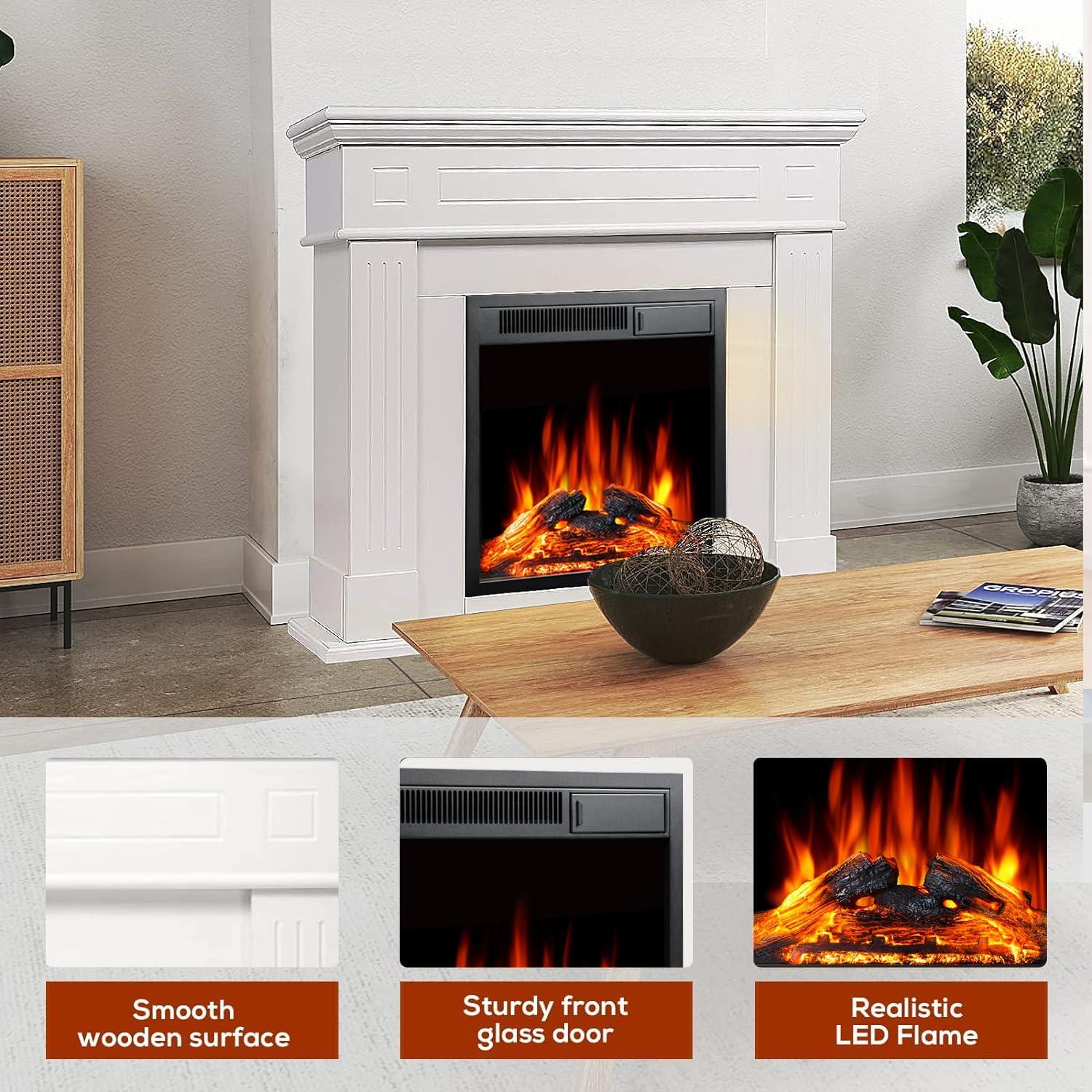 R.W.FLAME 43” Electric Fireplace Mantel, Freestanding Electric Fireplace, Remote Control, Adjustable LED Flame, PEARLWHITE