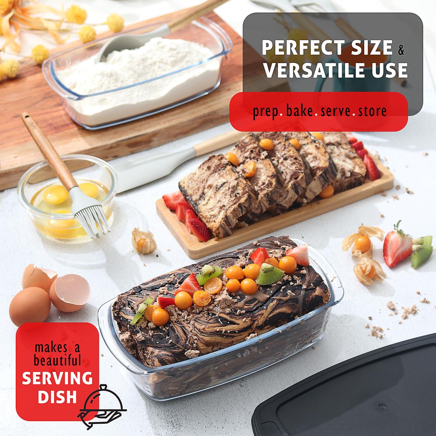 Joytable Set of 3 Bread Loaf Pans with Airtight Lids, 1.9 Quart Deep Rectangular Glass Food Storage Containers