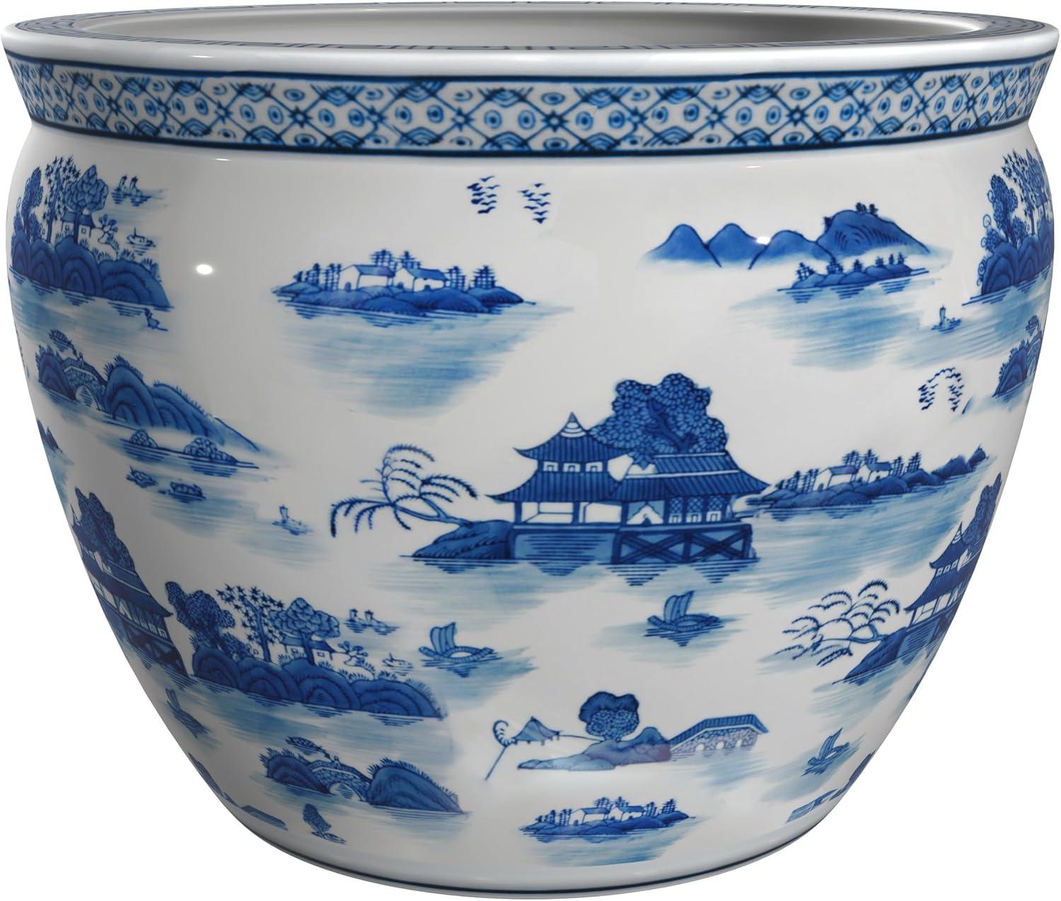 Oriental Furniture 18" Porcelain Fishbowl Blue & White Landscape