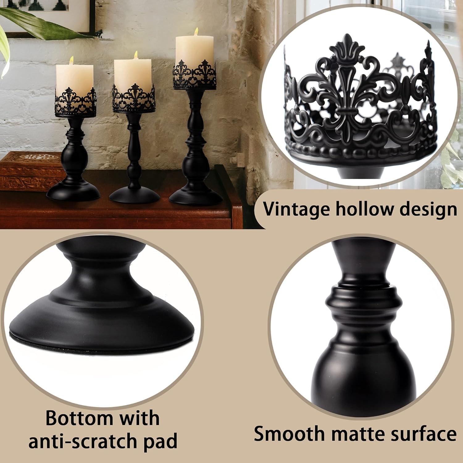 Vintage Pillar Candle Holders for Table Centerpiece Set of 3-11'' 9'' 8'' - Matte Black Metal Candle Stands Decorative - Candle Centerpiece for Table Fireplace Decor - Gothic Candle Holder
