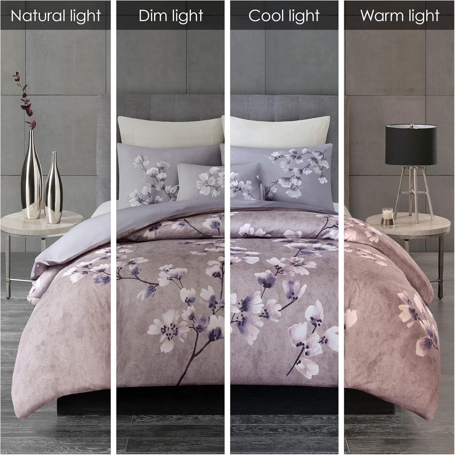 N Natori Sakura Duvet Cover Reversible Cherry-Blossom Cotton Printed Flower Floral Botanical Matching Embroidered Shams Soft Corner Ties All Season Bedding-Sets, King/Cal King(110"x96"), Lilac