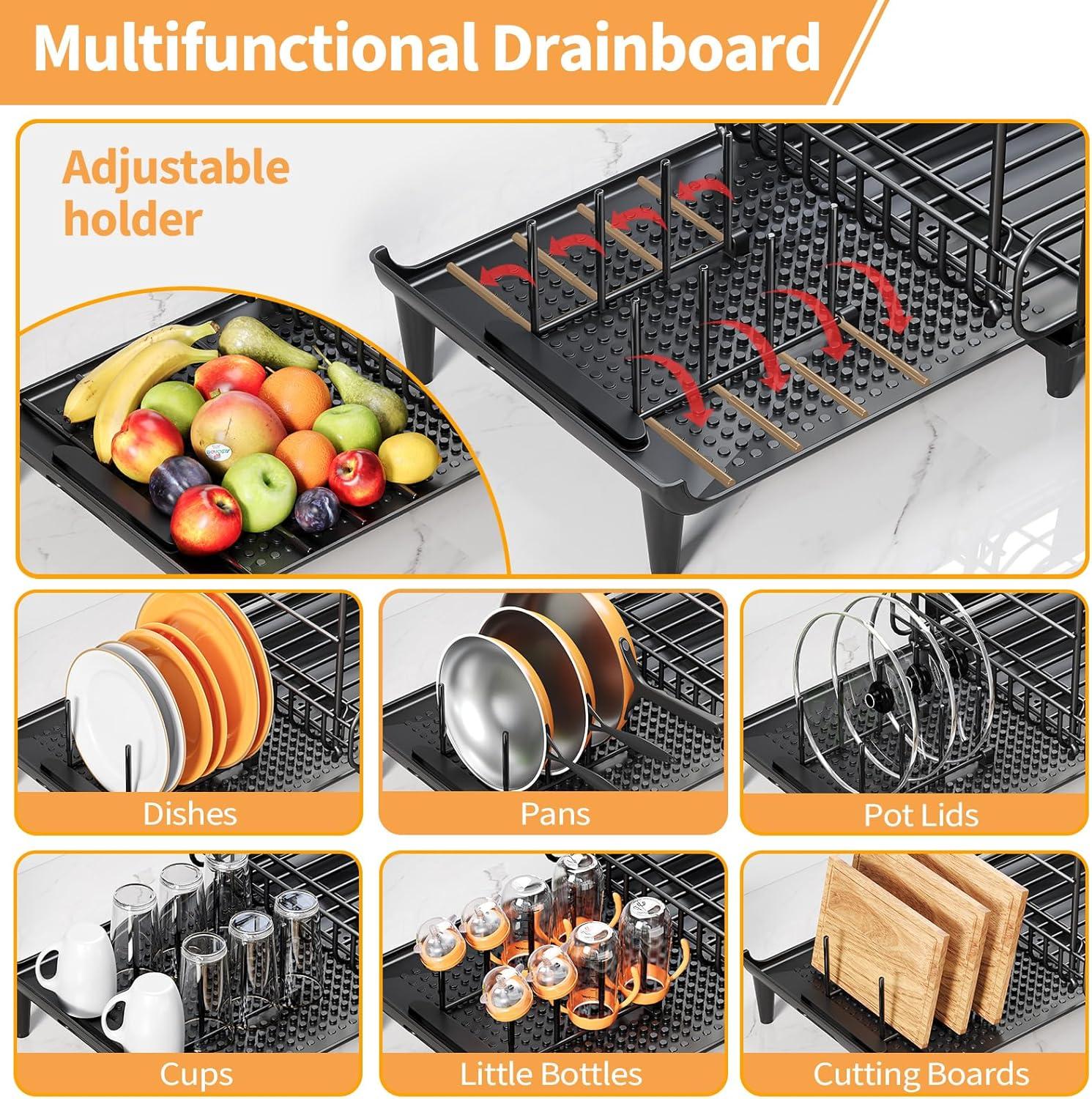 Expandable Dish Drying Rack for Kitchen Counter, 304 Stainless Steel Dish Rack, Multi-Function Dish Drainer, Large Dish Strainer with Cup Holder, Cutlery Holder, Extendable Large Size