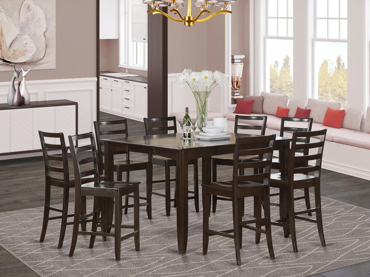 Cappuccino Square Pub Table Set with 8 Ladder Back Chairs