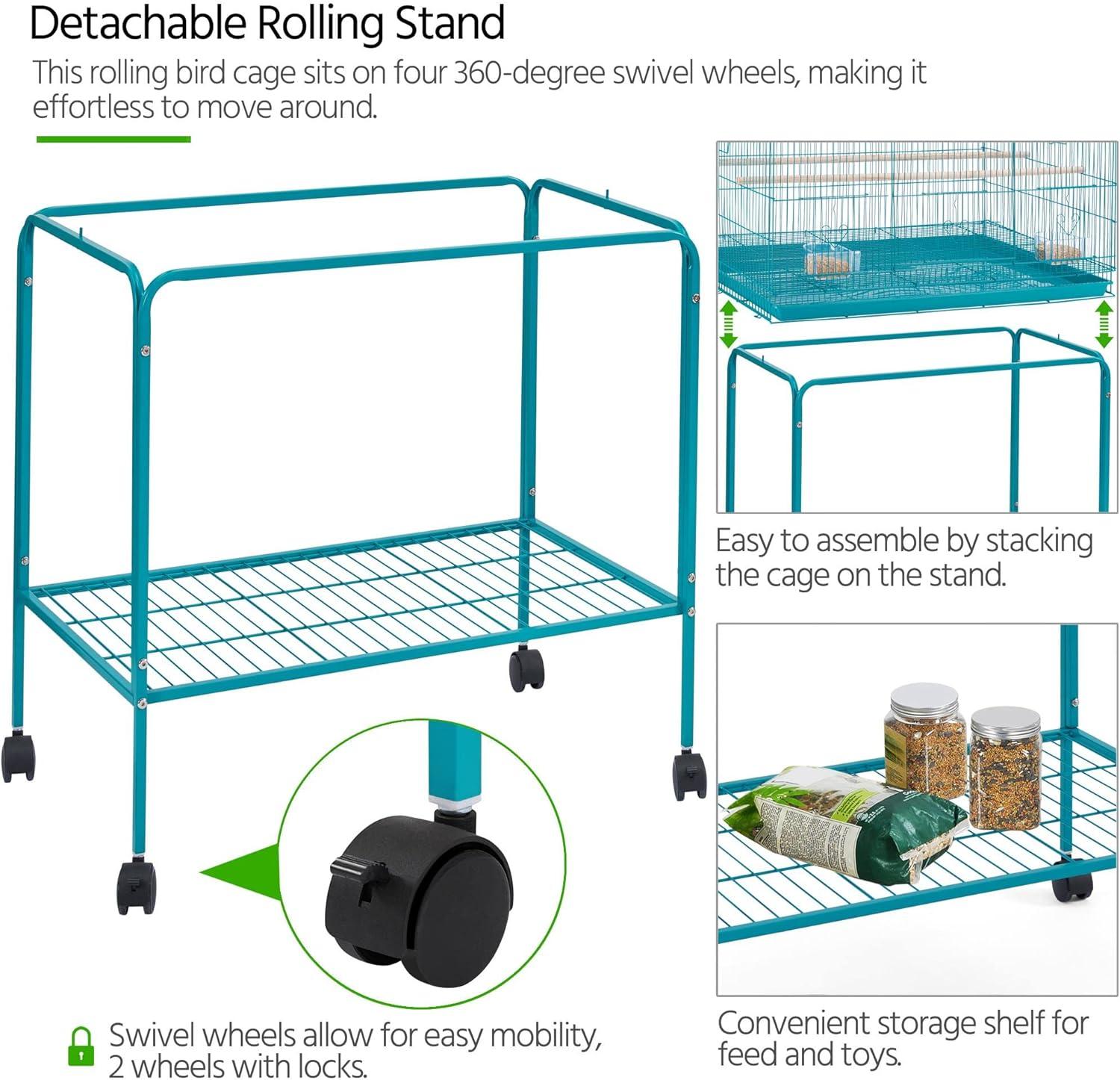 Teal Blue 47" Rolling Stand Flight Bird Cage with Slide-Out Tray