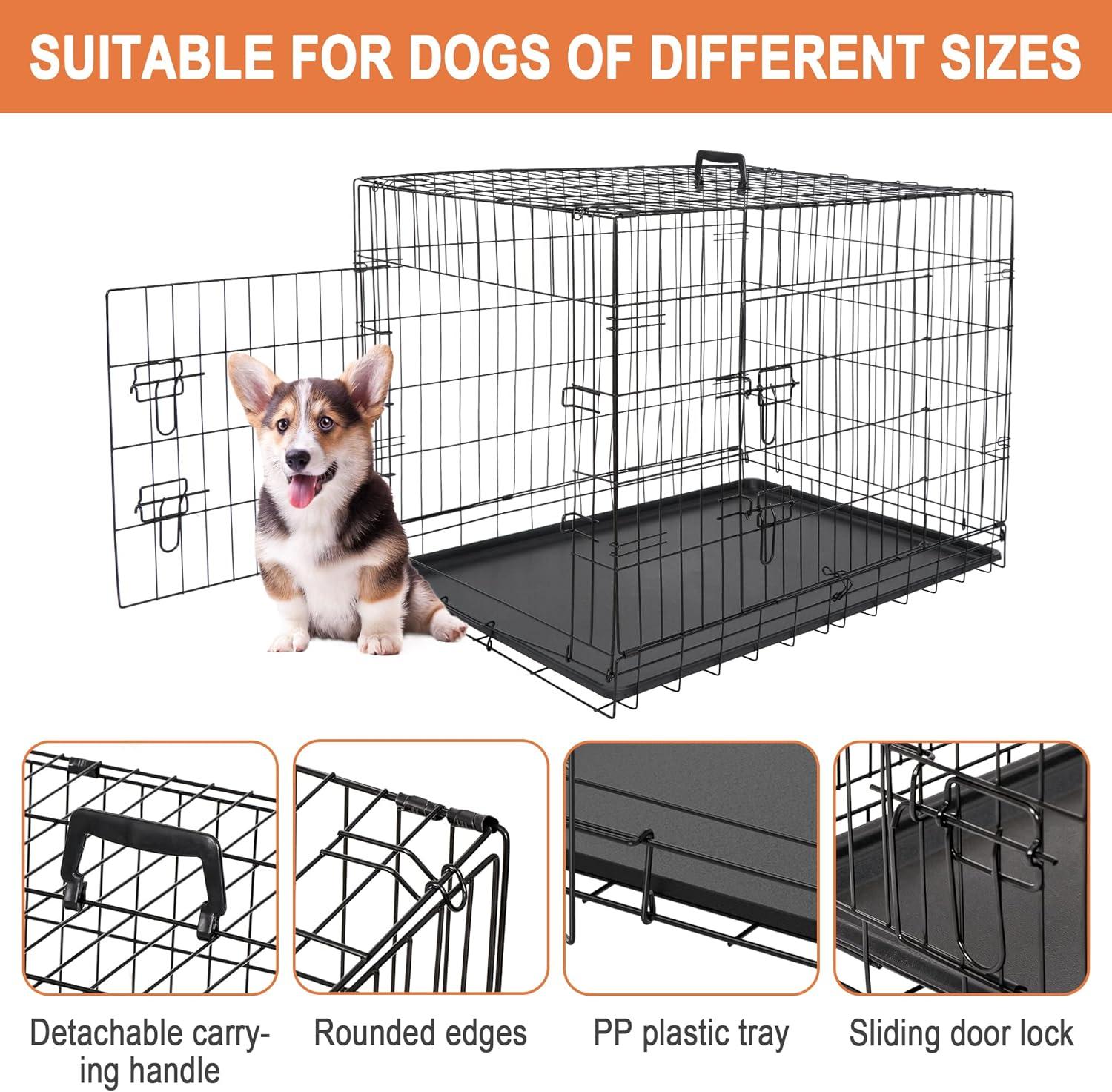 CL.HPAHKL Durable Large Dog Crate, Folding Metal Dog Kennel Double Door Dog Cage with Plastic Tray, Wire Crate for Large Dog Indoor Outdoor Travel (Black, 42 inch)