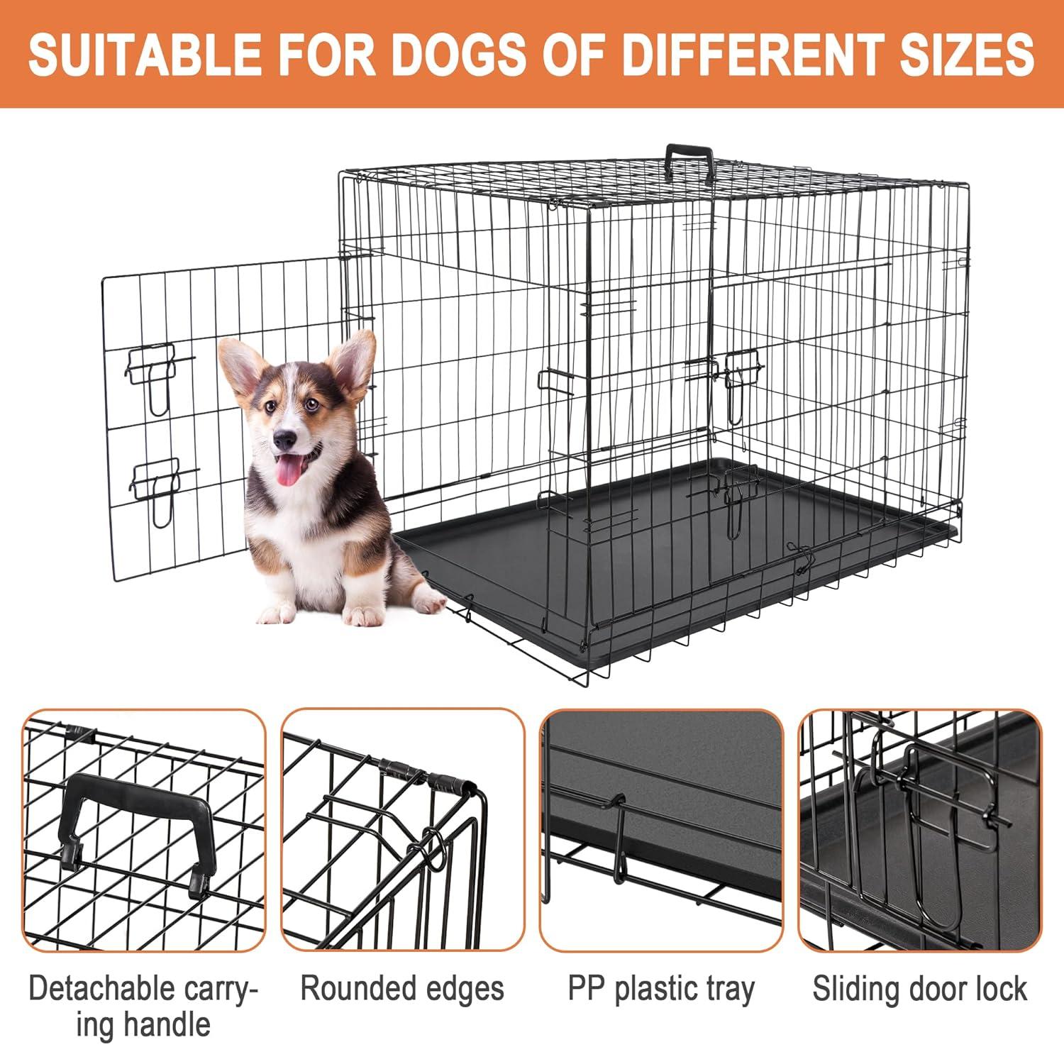 CL.HPAHKL Durable Large Dog Crate, Folding Metal Dog Kennel Double Door Dog Cage with Plastic Tray, Wire Crate for Large Dog Indoor Outdoor Travel (Black, 42 inch)