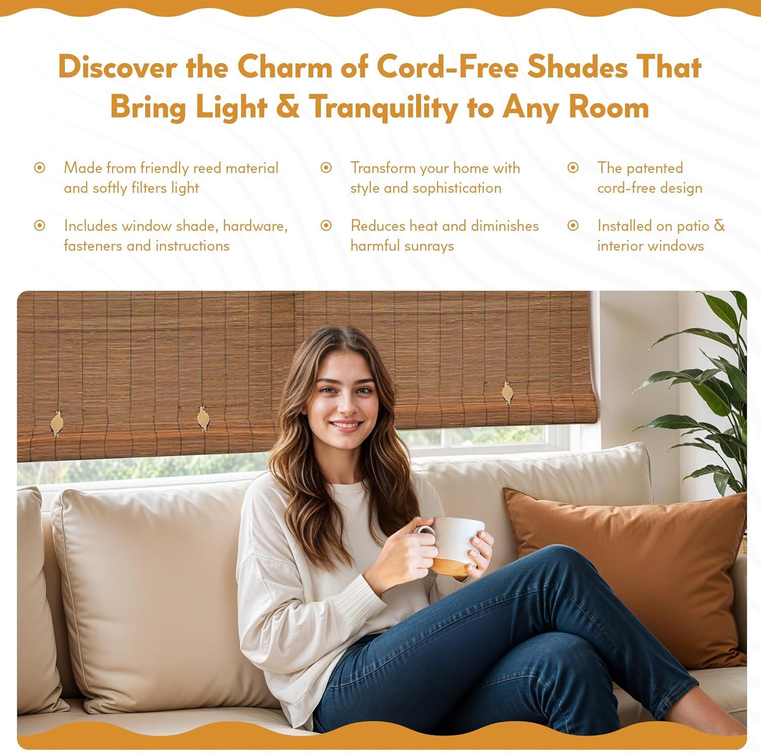 36" x 72" Outdoor Imperial Matchstick Rayon from Bamboo Cord-Free Natural Rollup Blinds Fruitwood - Radiance: Light Filtering, Spot Clean