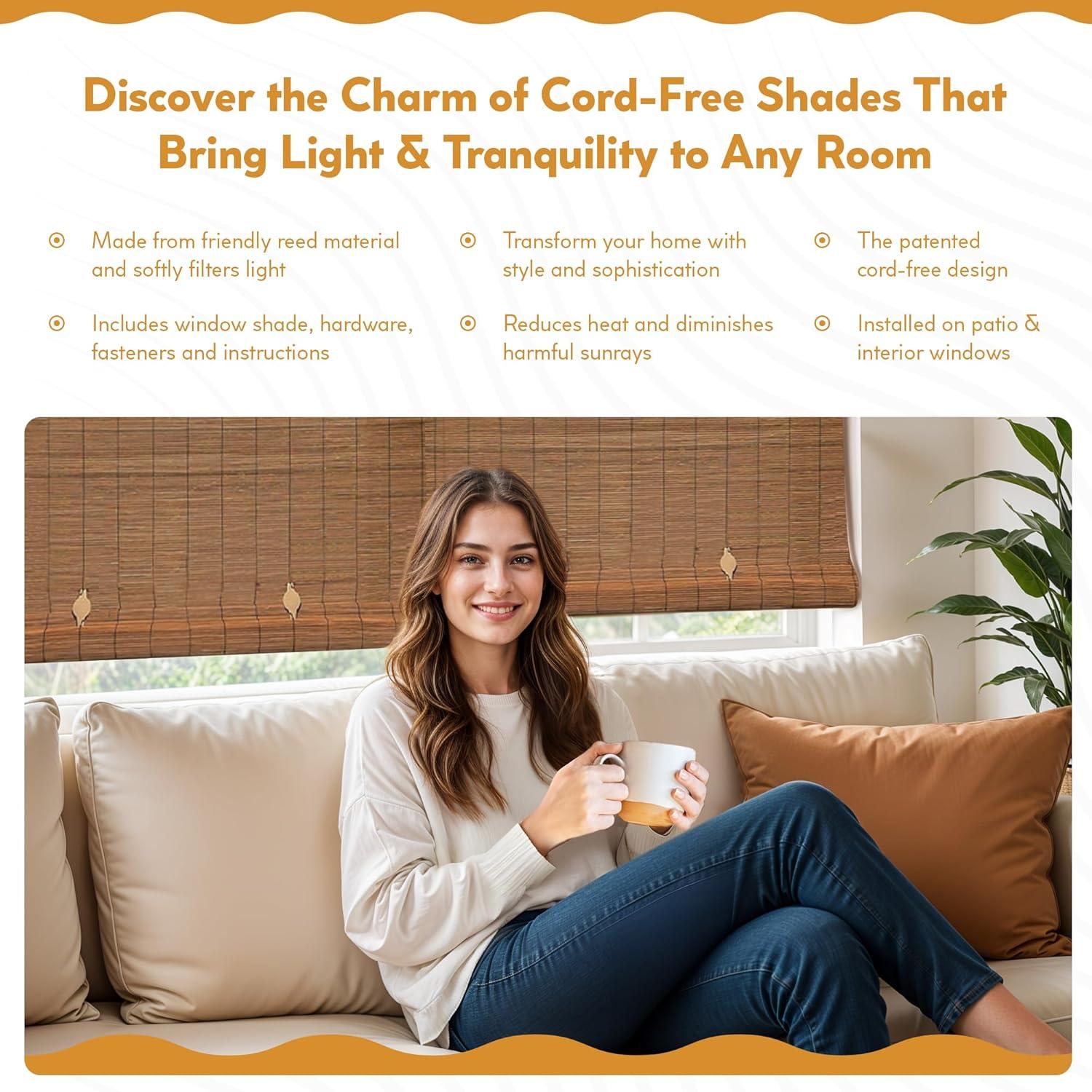 36" x 72" Outdoor Imperial Matchstick Rayon from Bamboo Cord-Free Natural Rollup Blinds Fruitwood - Radiance: Light Filtering, Spot Clean