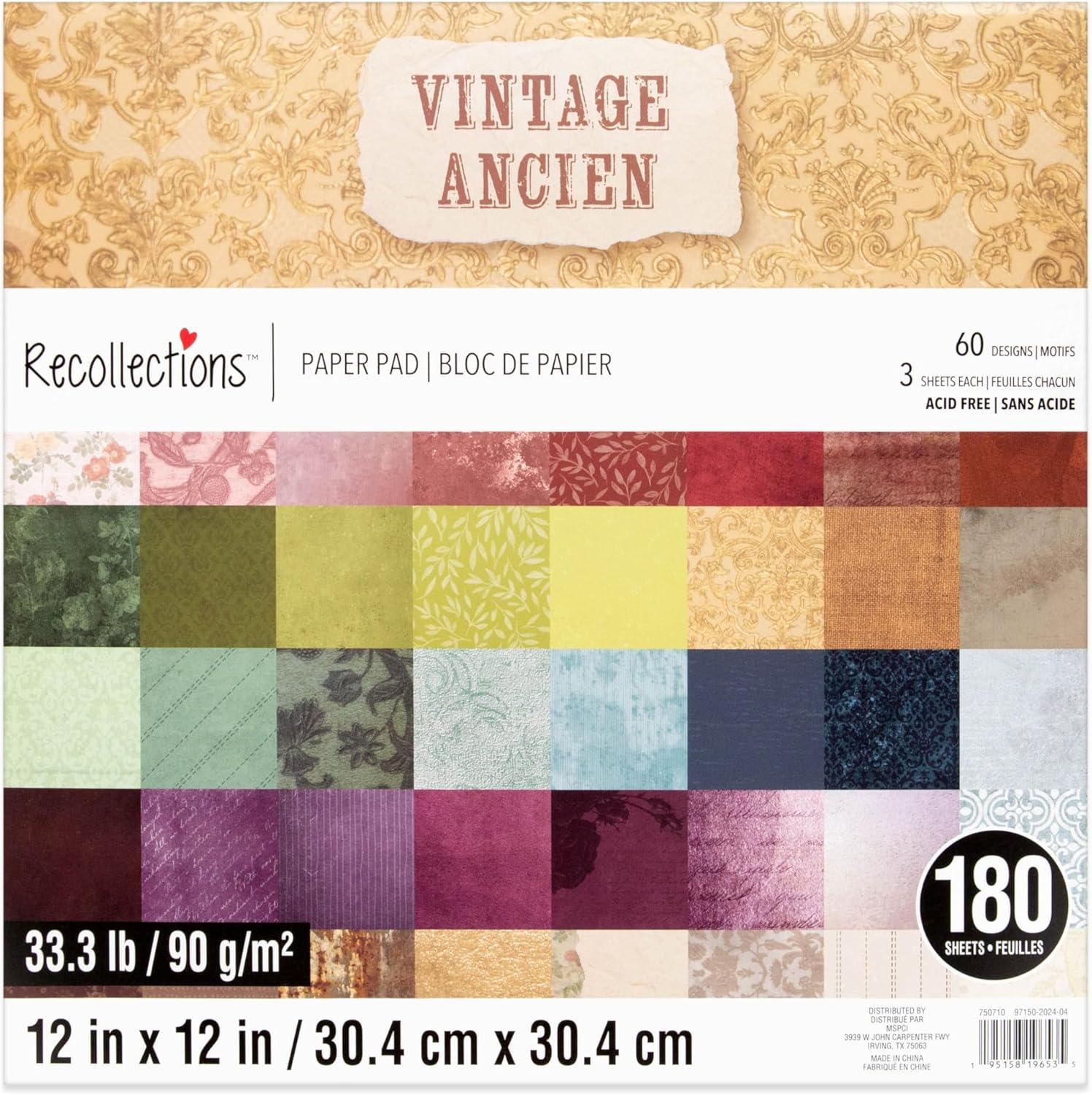 12" x 12" Vintage Paper Pad by Recollections - Premium Scrapbook & Crafting Paper for DIY Projects - Card Making - & Decorative Arts - 180 Sheets