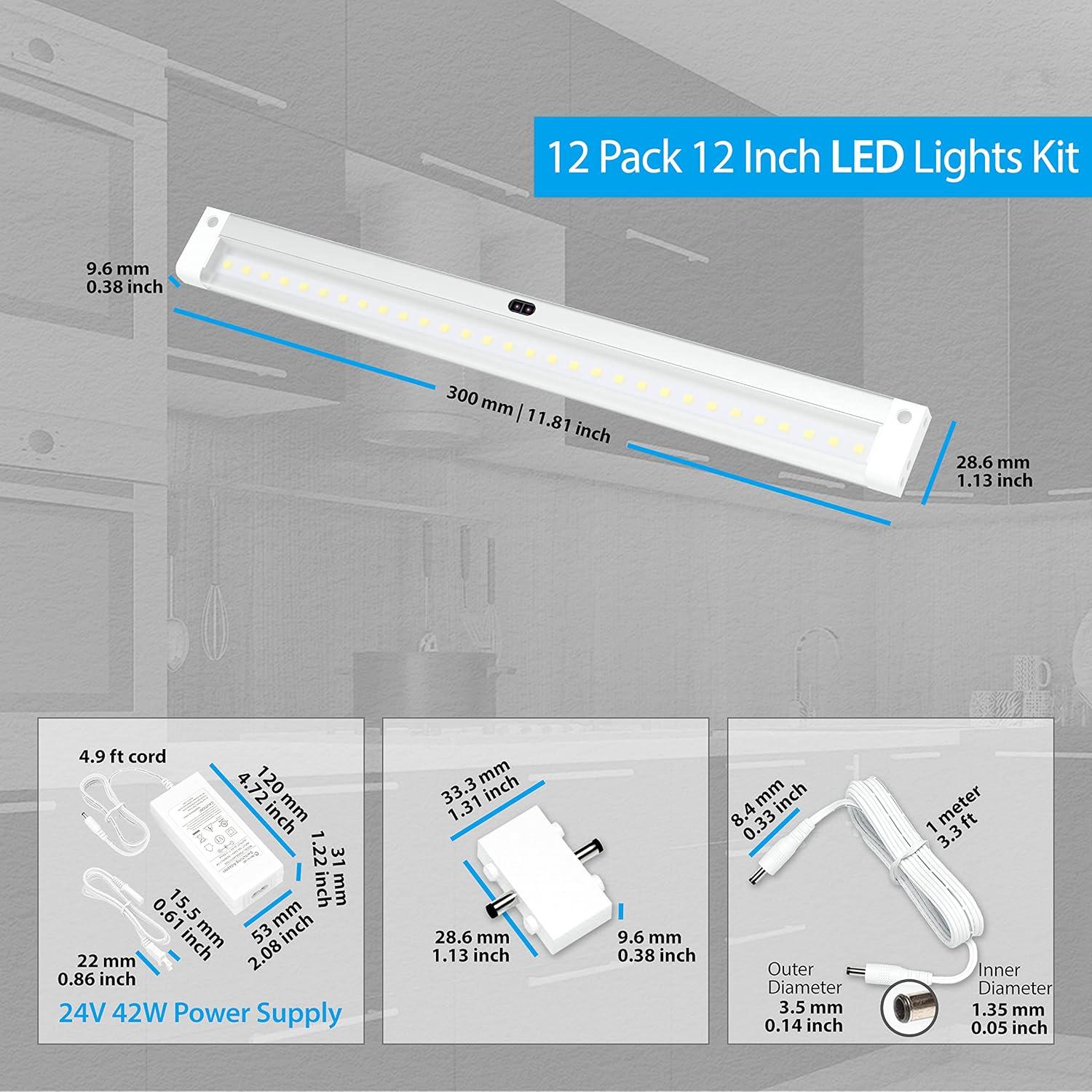 EShine White Finish 12 Panels 12 inch LED Dimmable Under Cabinet Lighting Kit, Hand Wave Activated - Touchless Dimming Control, Cool White (6000K)