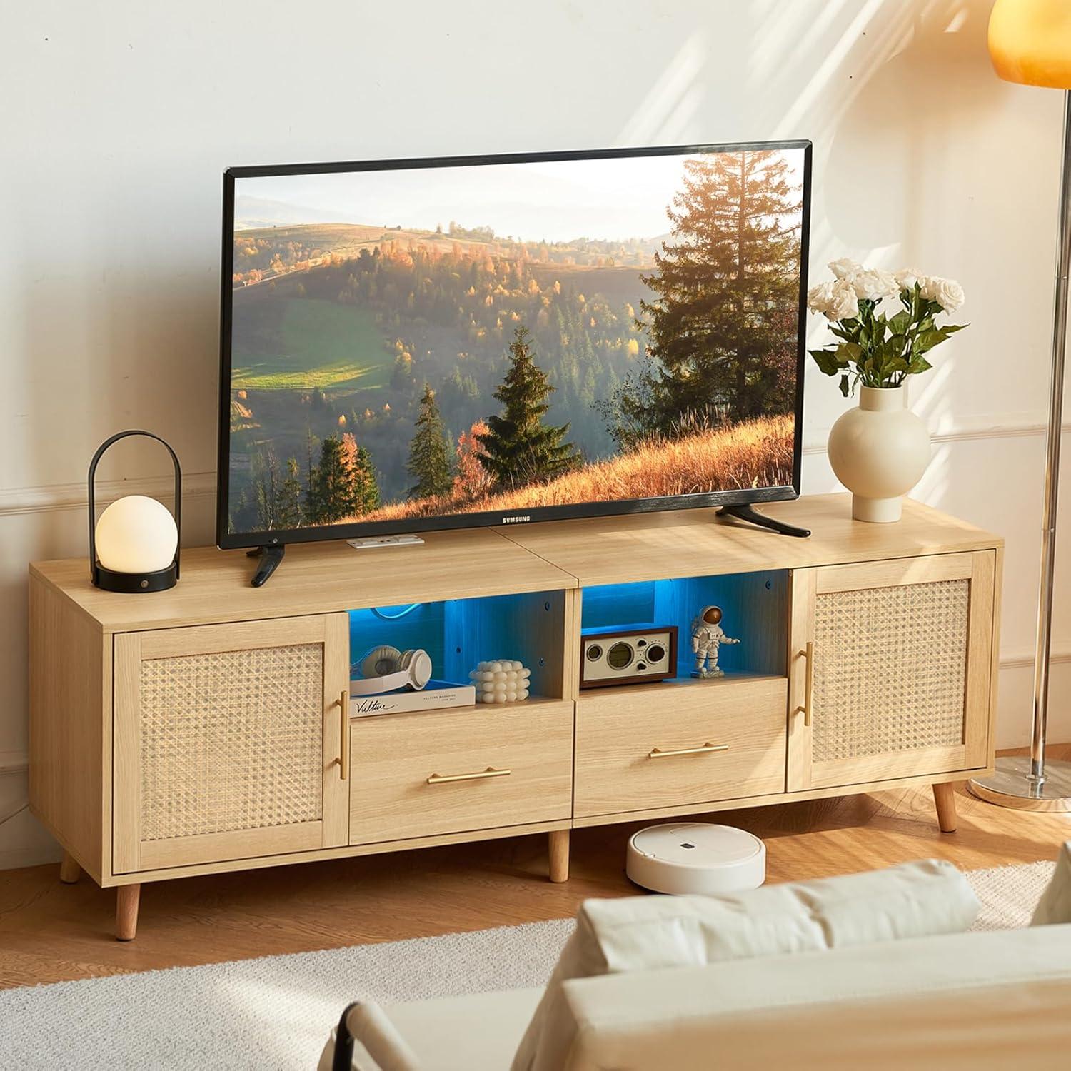 Bay Isle Home™ Heyer Large Wood Rattan TV Stand for TVs up to 75" with LED Light and Charging Station, Coastal Media Console Table, Multimedia Storage Furniture with 2 Drawers, Lighting TV Cabinet  & Reviews | Wayfair