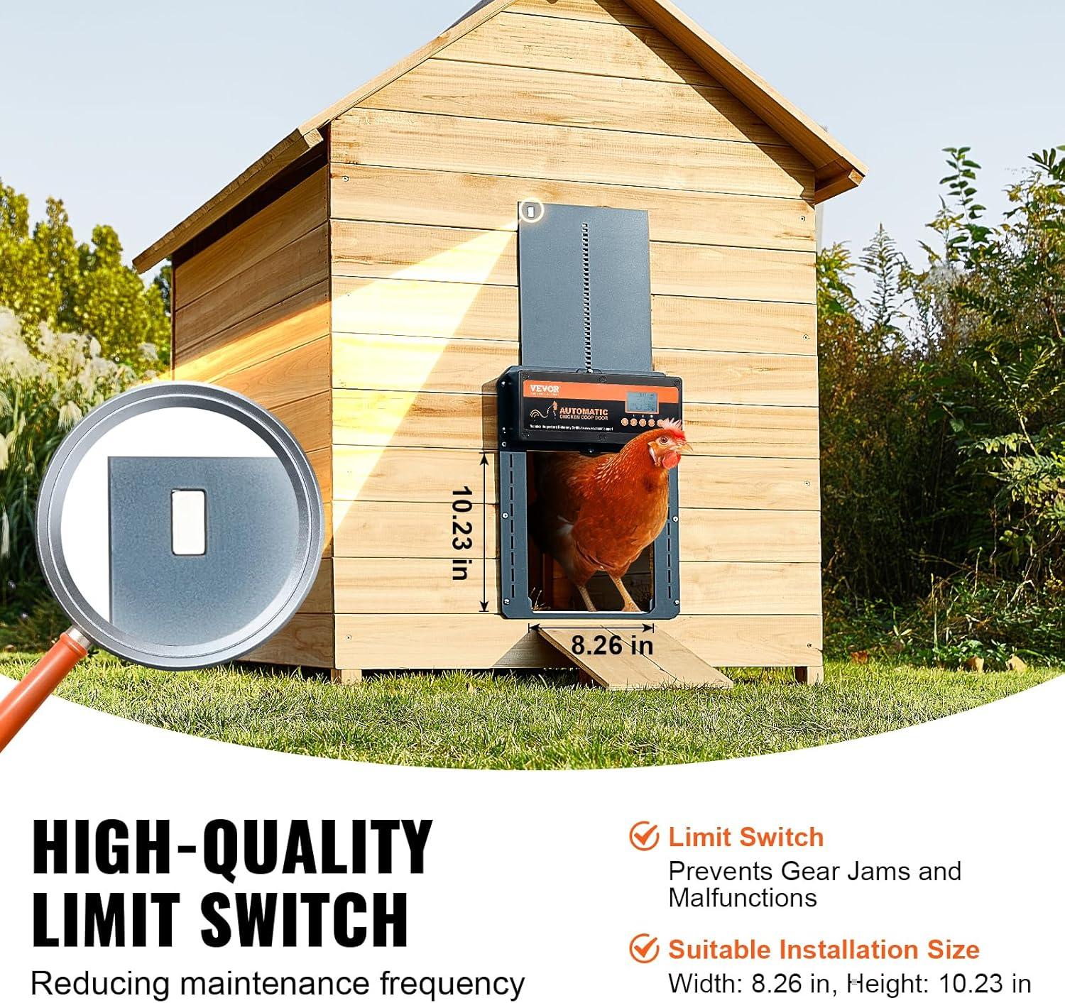 VEVOR Automatic Chicken Coop Door, Auto Chicken Door Opener with Timer & Light Sensor Aluminum Chicken Coops Door with Remote Control and LCD Screen, 4 Modes Opening, Battery or DC Powered