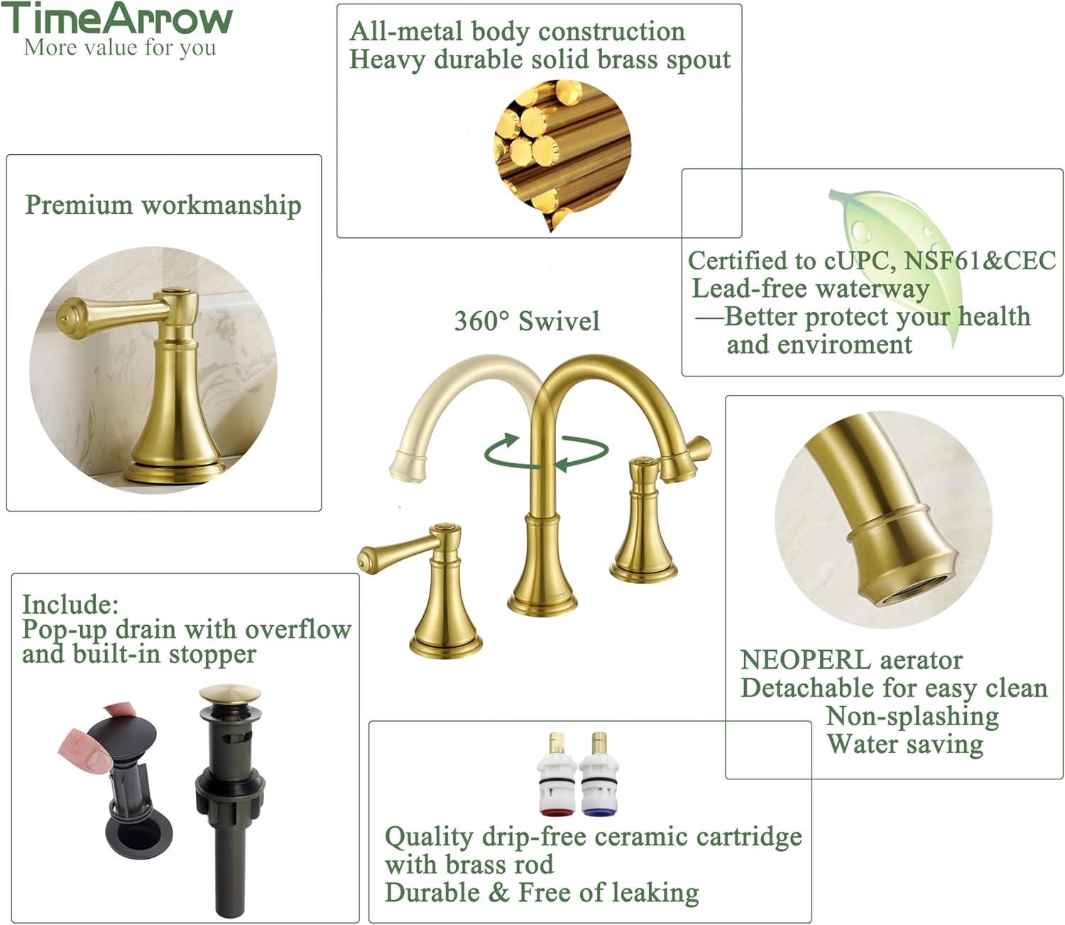 Brushed Gold Double Handle Widespread Bathroom Faucet with Drain Kit