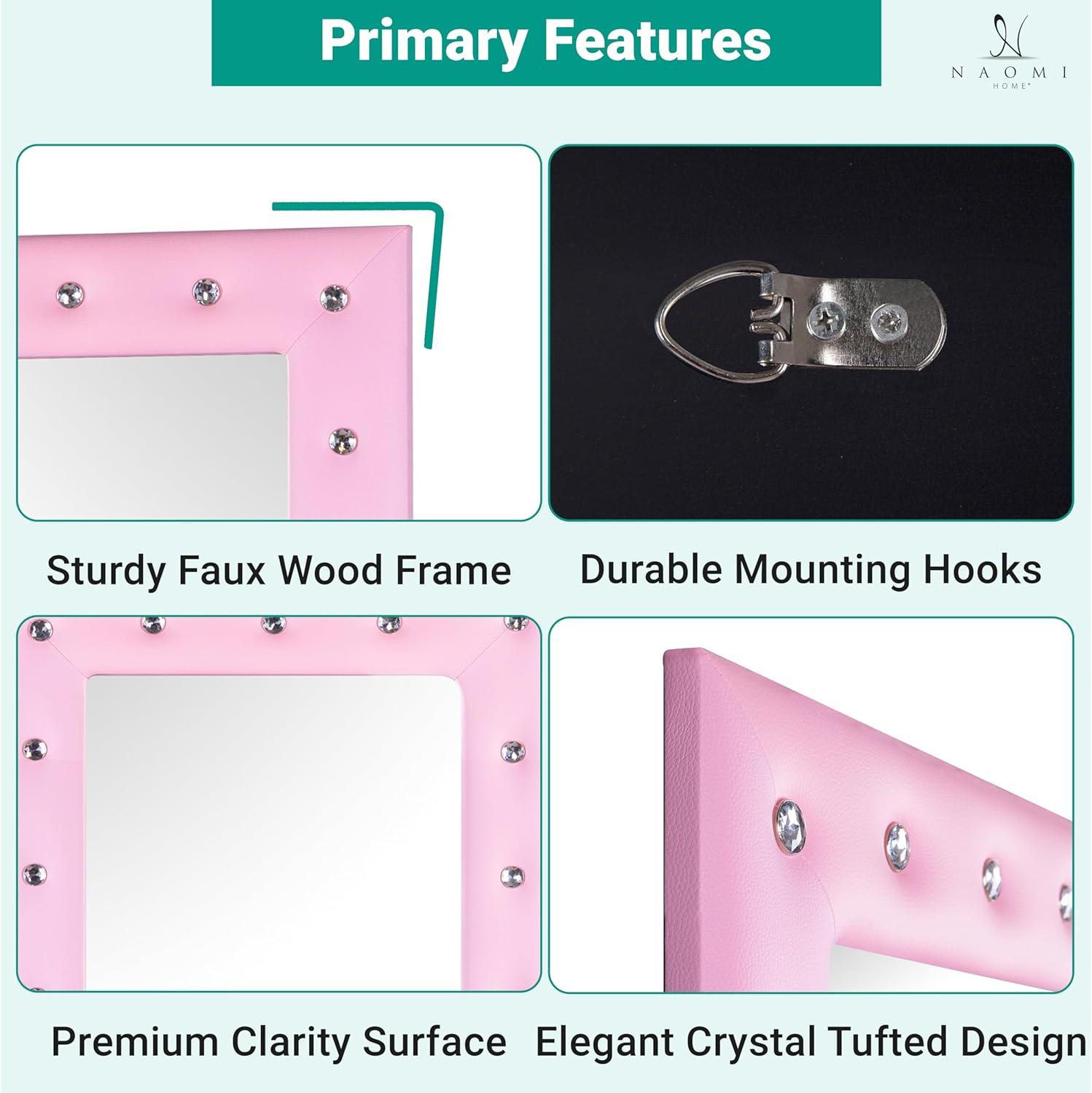 Naomi Home Crystal Tufted Floor Mirror Full Length 63 LX22 W Wall Mirror Full Length Standing Wall with Faux Wood Frame Mirrors for Bedroom - Pink